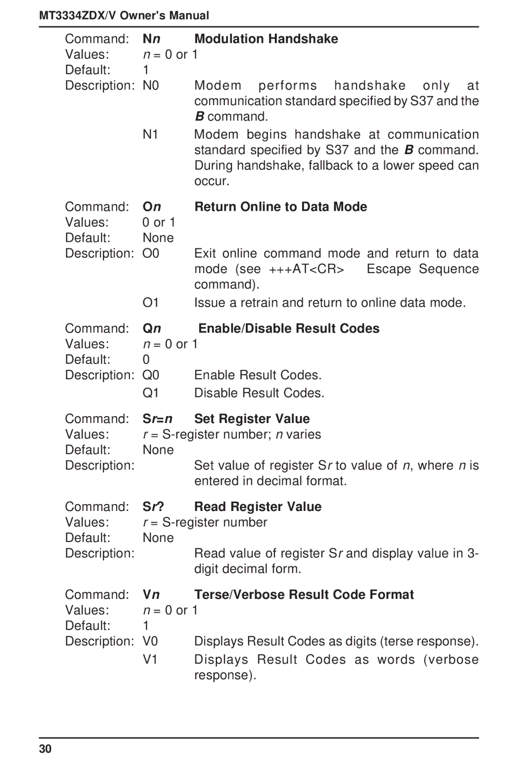 Multi-Tech Systems MT3334ZDXV owner manual Modulation Handshake, Return Online to Data Mode, Enable/Disable Result Codes 