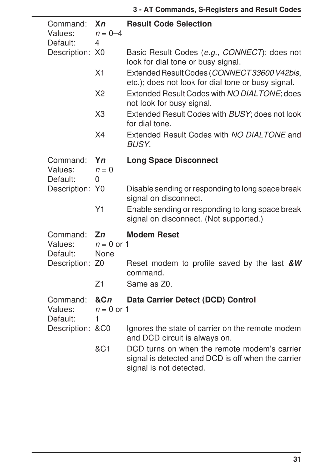 Multi-Tech Systems MT3334ZDX Result Code Selection, Long Space Disconnect, Modem Reset, Data Carrier Detect DCD Control 