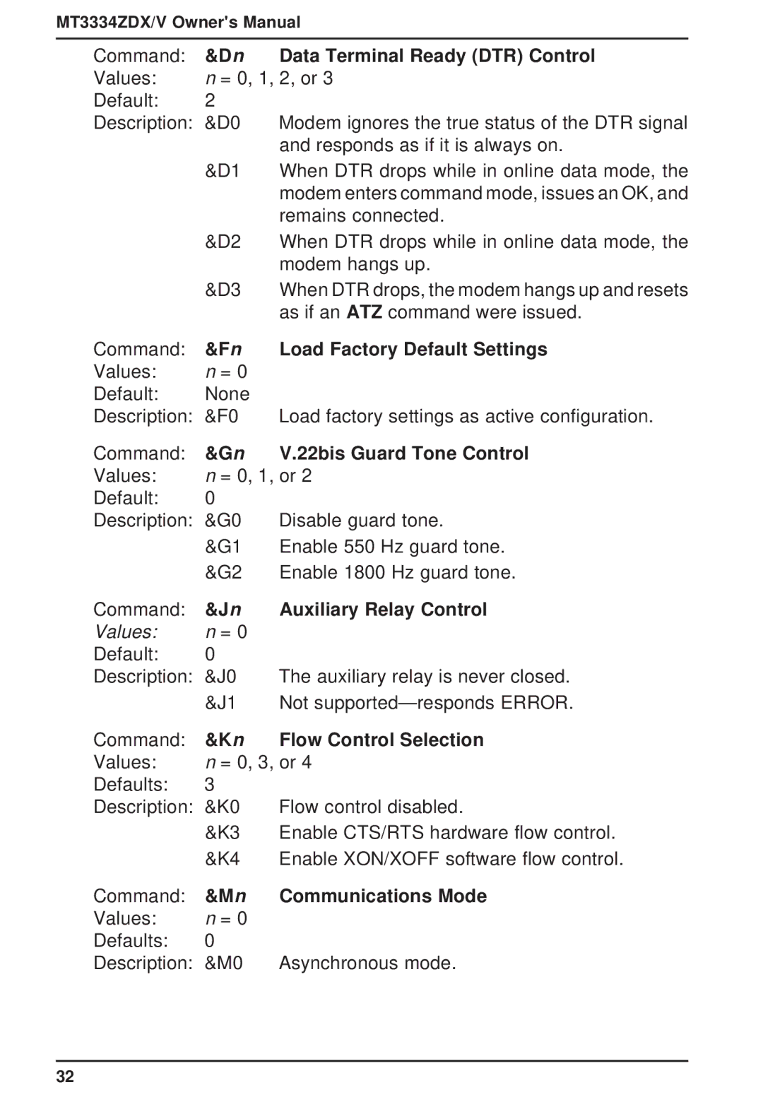 Multi-Tech Systems MT3334ZDXV Data Terminal Ready DTR Control, Load Factory Default Settings, 22bis Guard Tone Control 