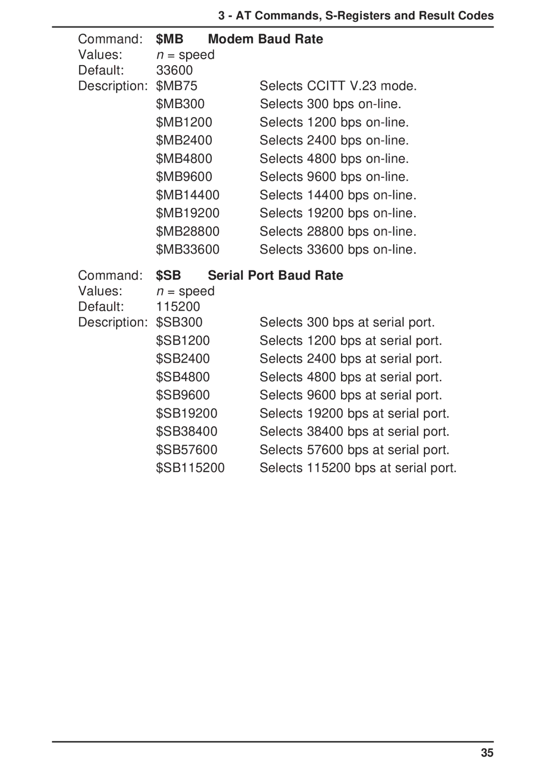 Multi-Tech Systems MT3334ZDXV owner manual Modem Baud Rate, Serial Port Baud Rate 