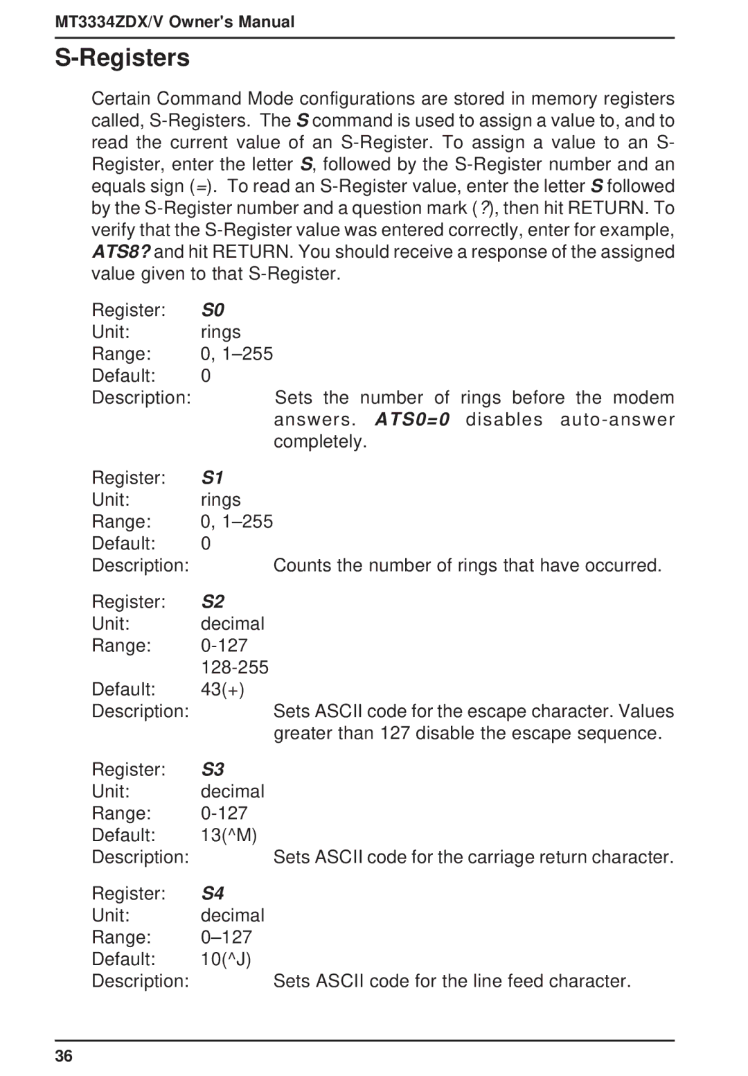 Multi-Tech Systems MT3334ZDXV owner manual Registers 