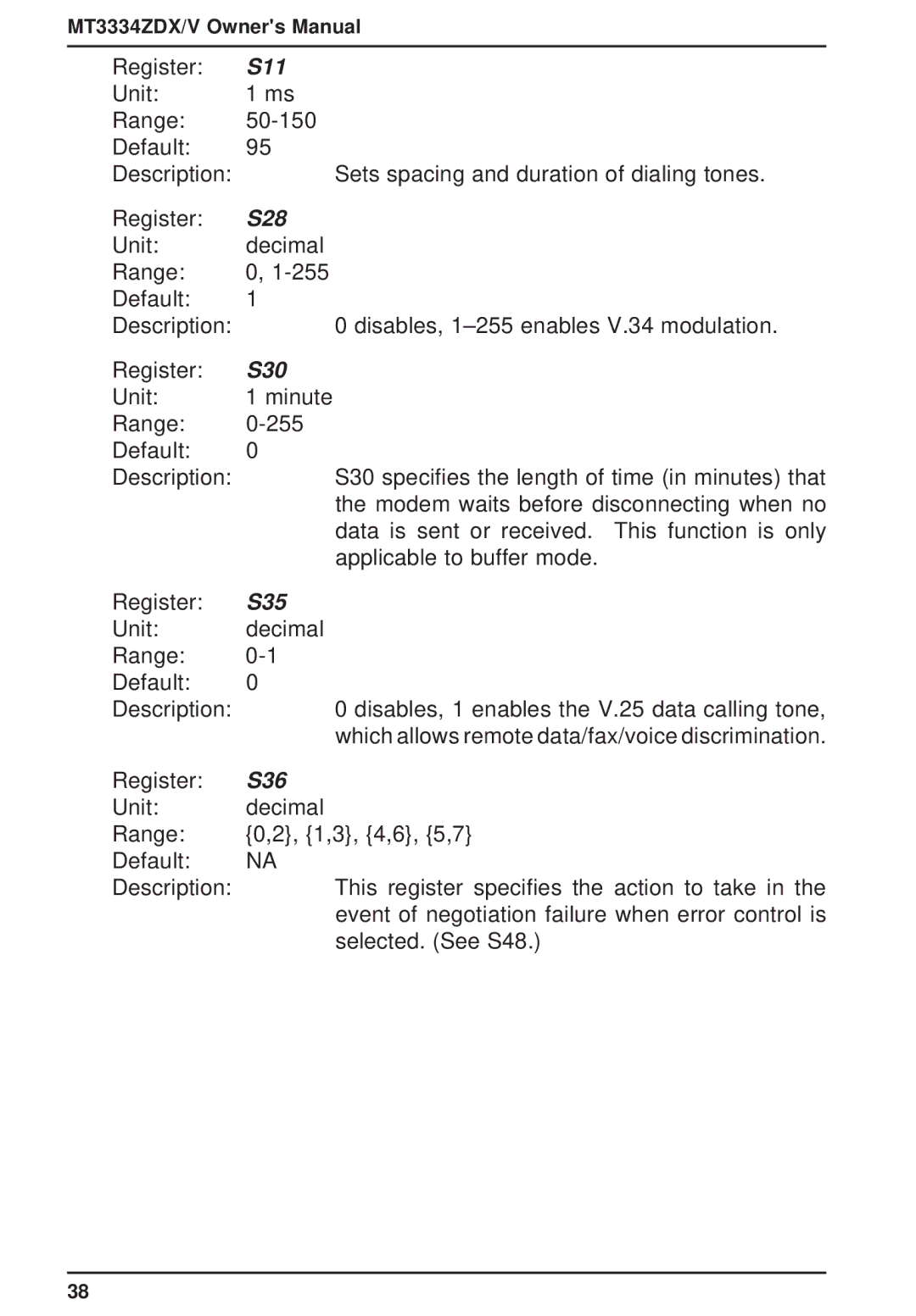 Multi-Tech Systems MT3334ZDXV owner manual S11, S28, S30, S35, S36 