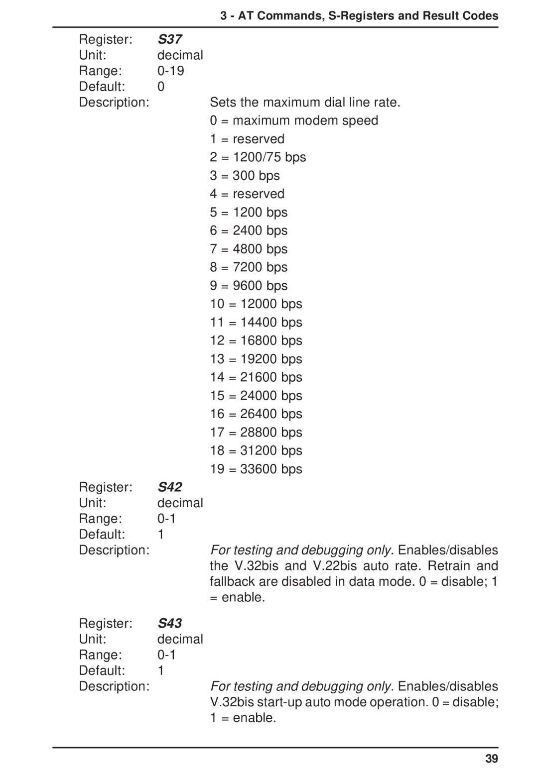 Multi-Tech Systems MT3334ZDXV owner manual S37, S42, S43 