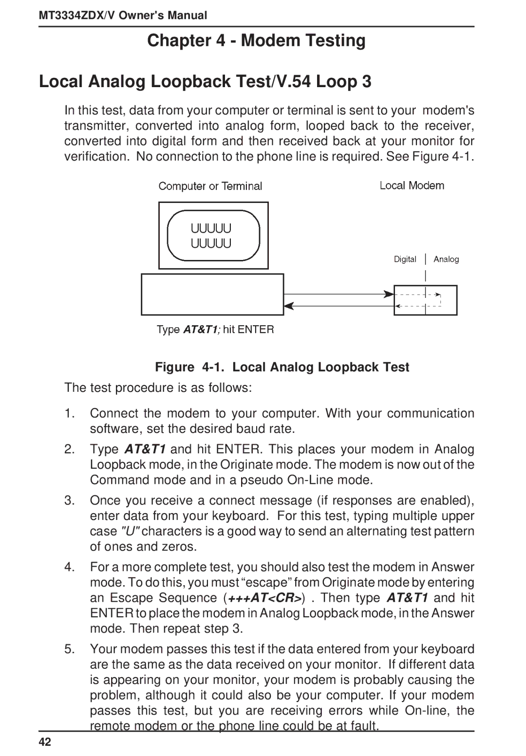 Multi-Tech Systems MT3334ZDXV owner manual Modem Testing Local Analog Loopback Test/V.54 Loop 