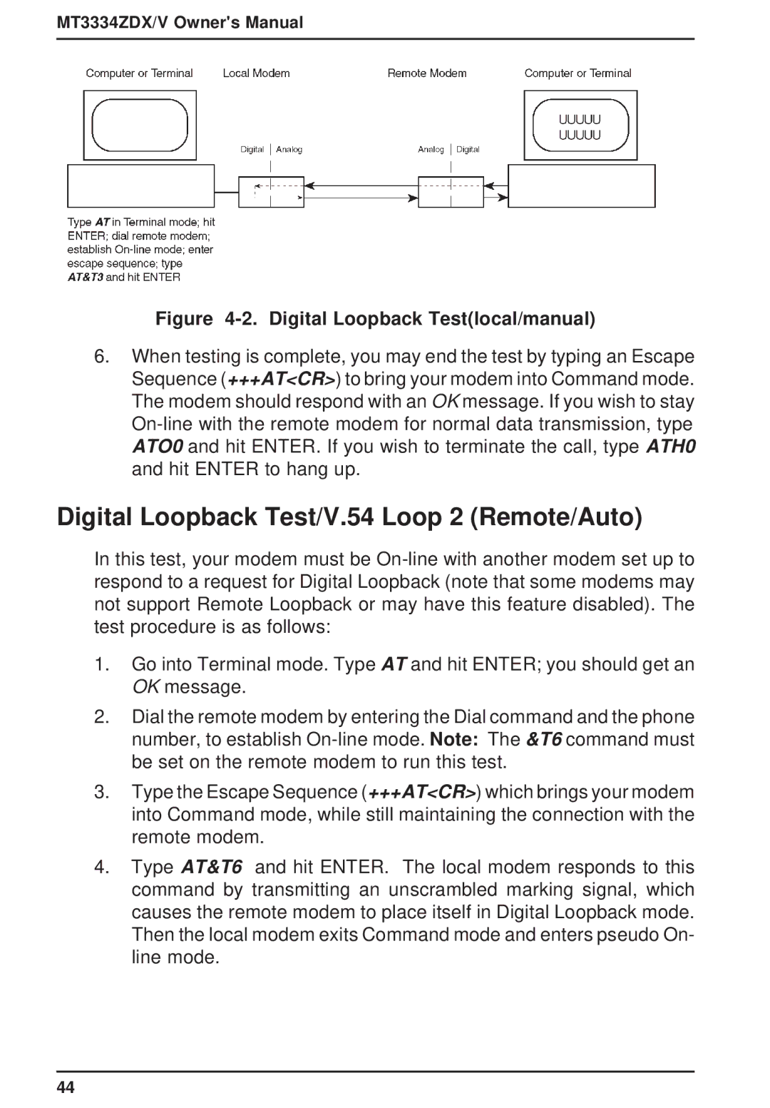 Multi-Tech Systems MT3334ZDXV owner manual Digital Loopback Test/V.54 Loop 2 Remote/Auto, Digital Loopback Testlocal/manual 