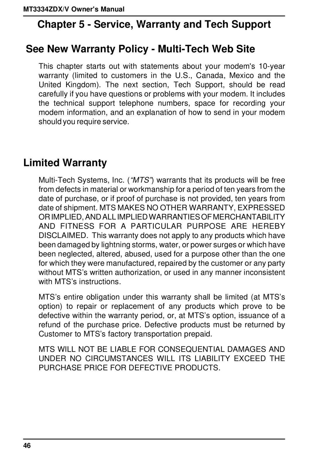 Multi-Tech Systems MT3334ZDXV owner manual Limited Warranty 