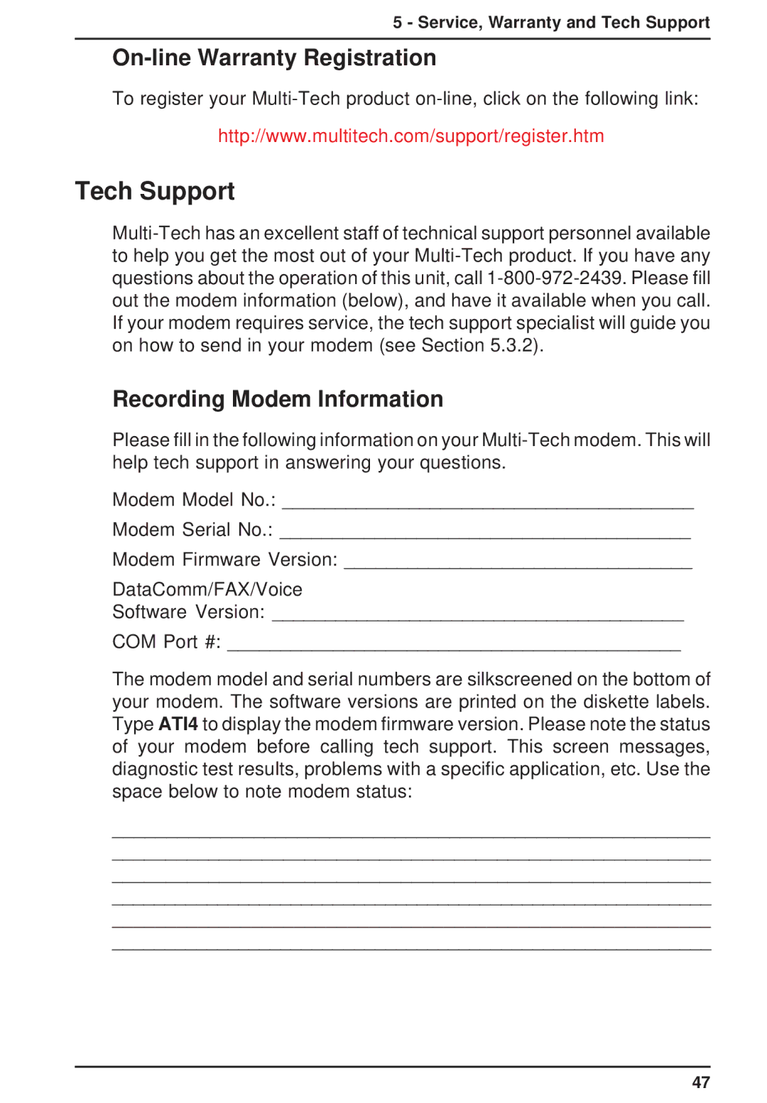 Multi-Tech Systems MT3334ZDXV owner manual Tech Support, On-line Warranty Registration, Recording Modem Information 