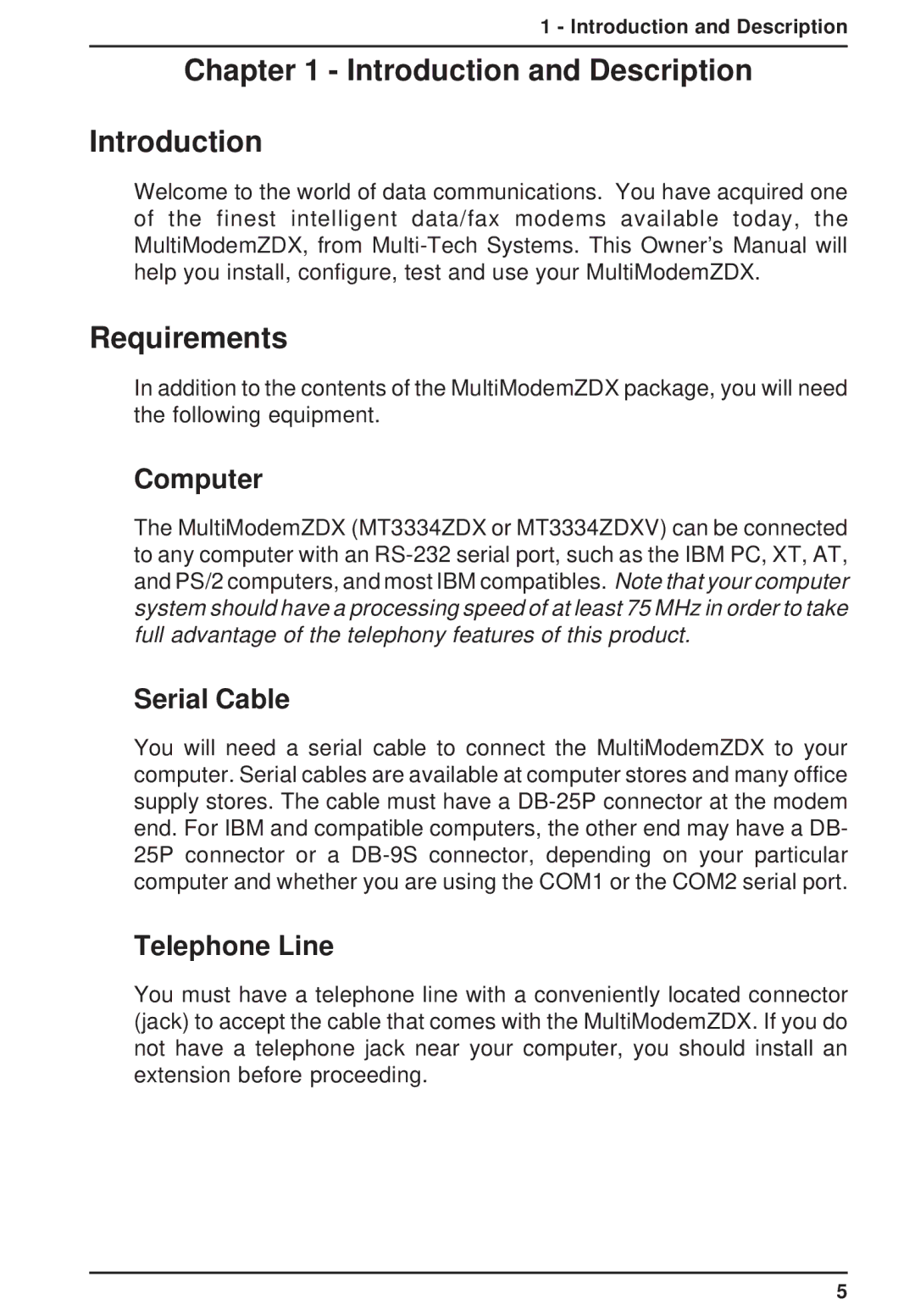 Multi-Tech Systems MT3334ZDXV Introduction and Description Requirements, Computer, Serial Cable, Telephone Line 