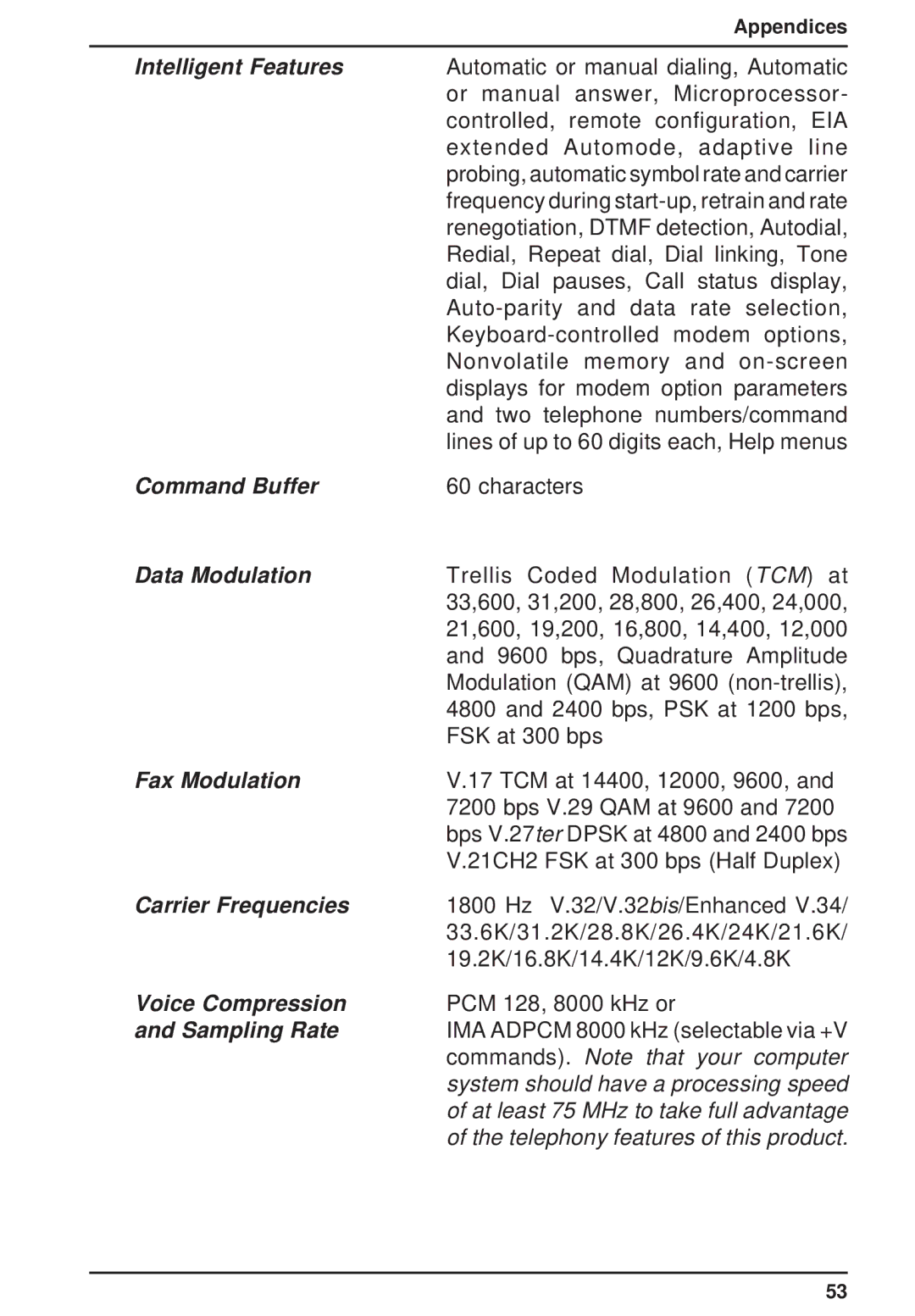 Multi-Tech Systems MT3334ZDX Intelligent Features, Command Buffer, Data Modulation, Fax Modulation, Carrier Frequencies 