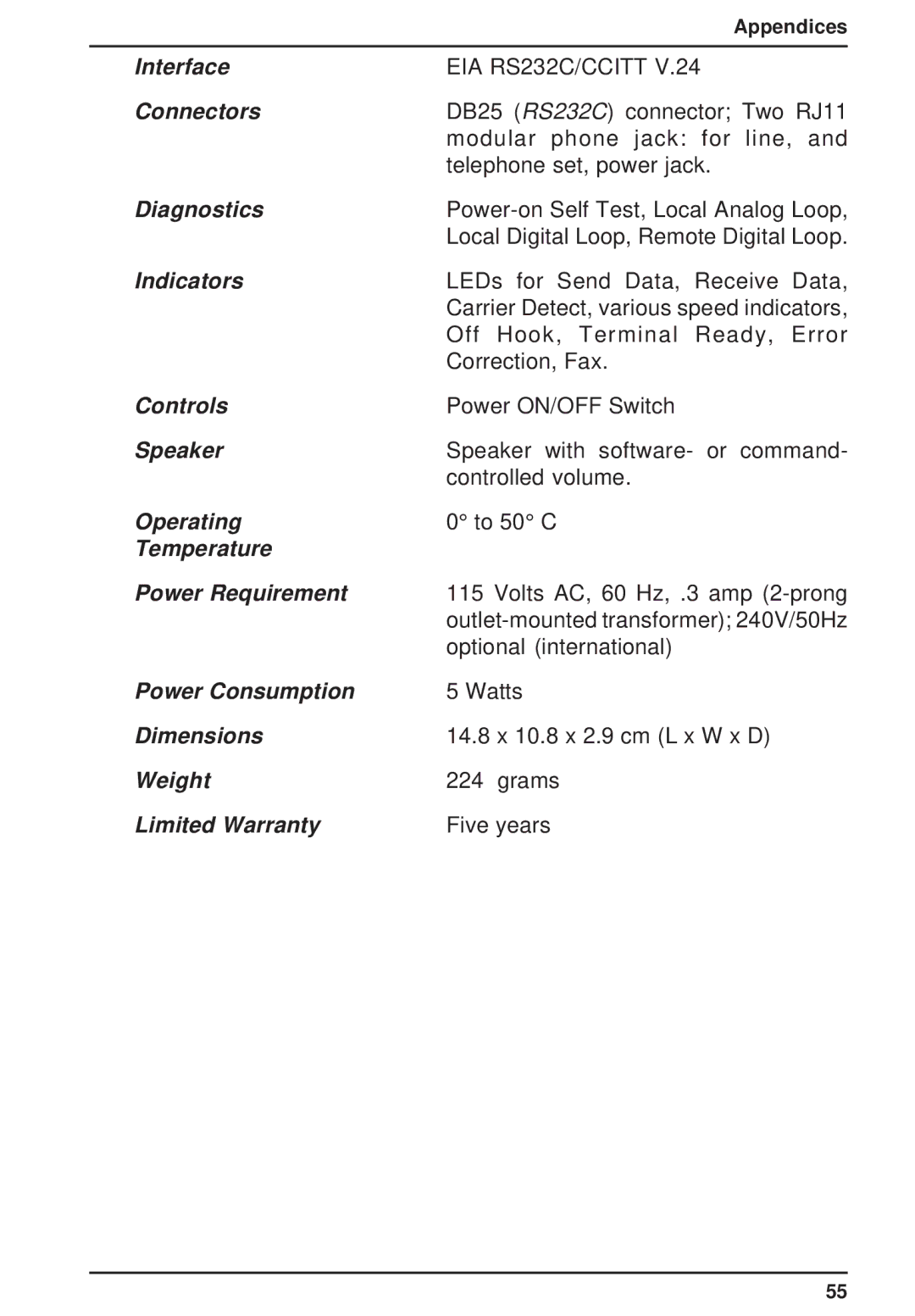 Multi-Tech Systems MT3334ZDX Interface, Connectors, Diagnostics, Indicators, Controls, Speaker, Operating, Dimensions 