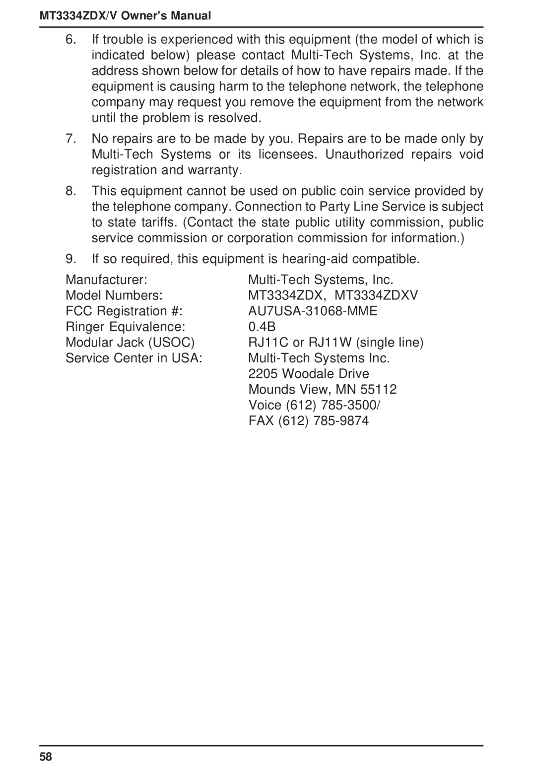 Multi-Tech Systems owner manual MT3334ZDX, MT3334ZDXV 