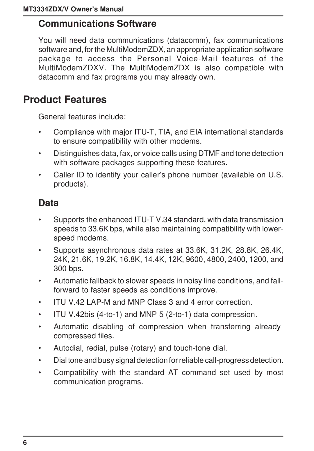 Multi-Tech Systems MT3334ZDXV owner manual Product Features, Communications Software, Data 