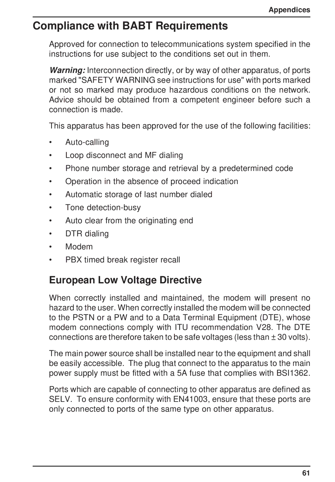 Multi-Tech Systems MT3334ZDXV owner manual Compliance with Babt Requirements, European Low Voltage Directive 