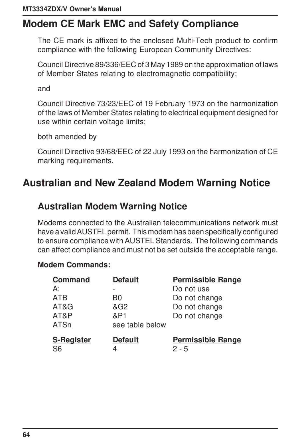 Multi-Tech Systems MT3334ZDXV Modem CE Mark EMC and Safety Compliance, Australian and New Zealand Modem Warning Notice 