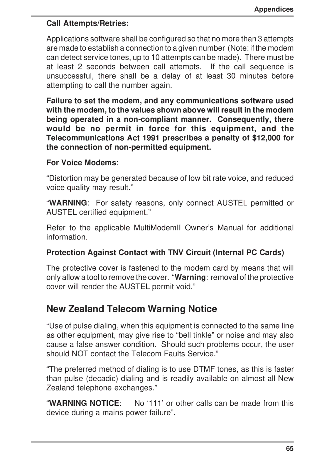 Multi-Tech Systems MT3334ZDXV owner manual New Zealand Telecom Warning Notice, Call Attempts/Retries 