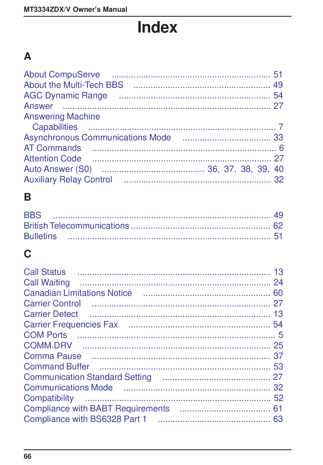 Multi-Tech Systems MT3334ZDXV owner manual Index 