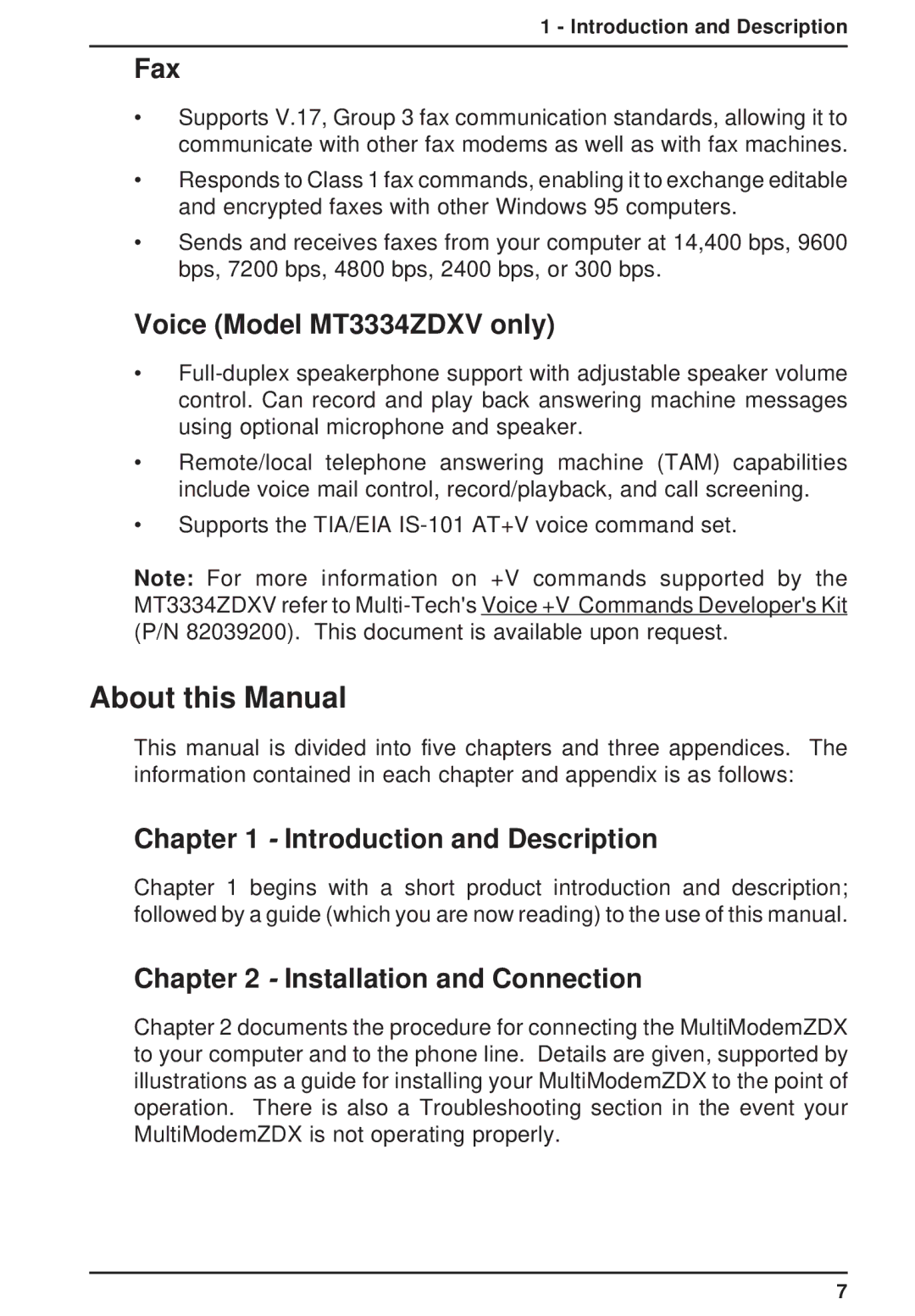 Multi-Tech Systems owner manual About this Manual, Fax, Voice Model MT3334ZDXV only, Introduction and Description 