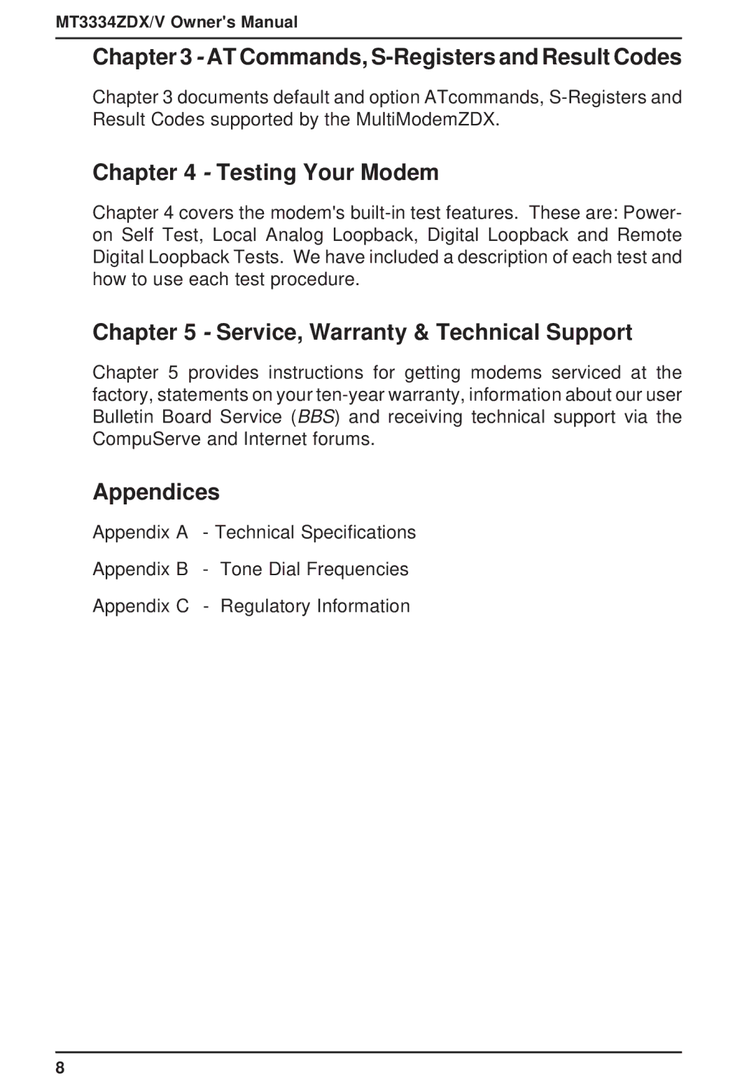 Multi-Tech Systems MT3334ZDXV owner manual AT Commands, S-Registers and Result Codes, Testing Your Modem, Appendices 