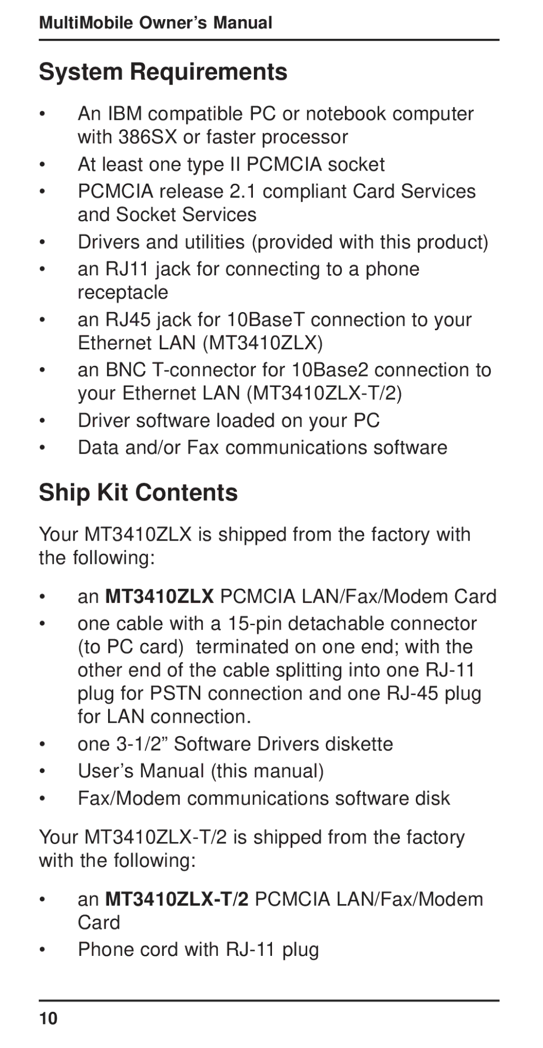 Multi-Tech Systems MT3410ZLX-T/2 owner manual System Requirements, Ship Kit Contents 