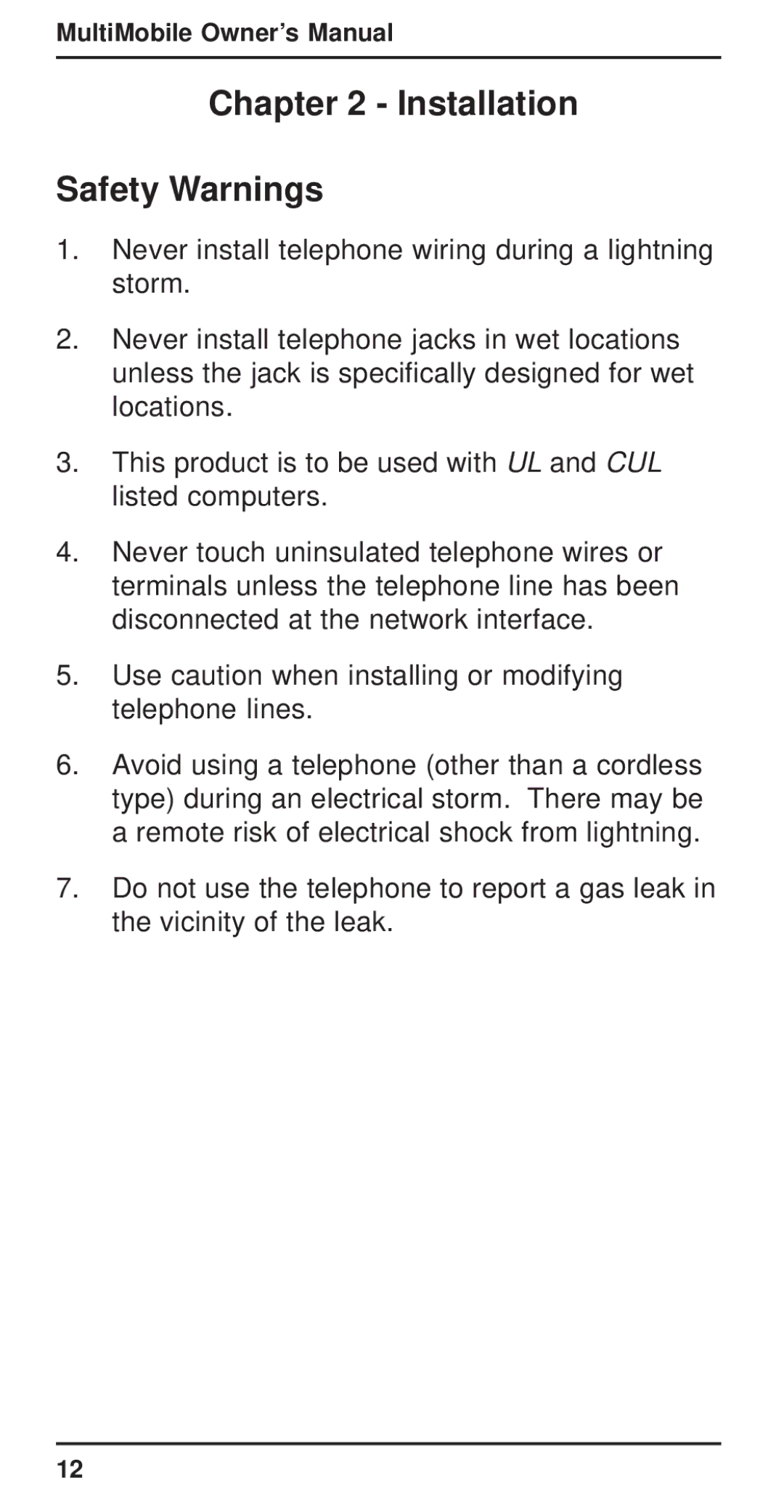 Multi-Tech Systems MT3410ZLX-T/2 owner manual Installation Safety Warnings 