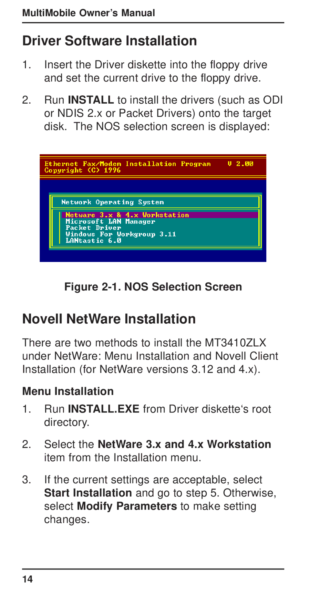 Multi-Tech Systems MT3410ZLX-T/2 Driver Software Installation, Novell NetWare Installation, Menu Installation 