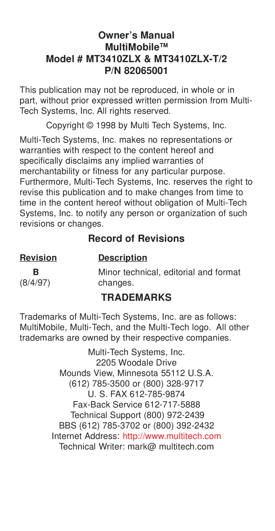 Multi-Tech Systems owner manual MultiMobileTM Model # MT3410ZLX & MT3410ZLX-T/2, Record of Revisions 