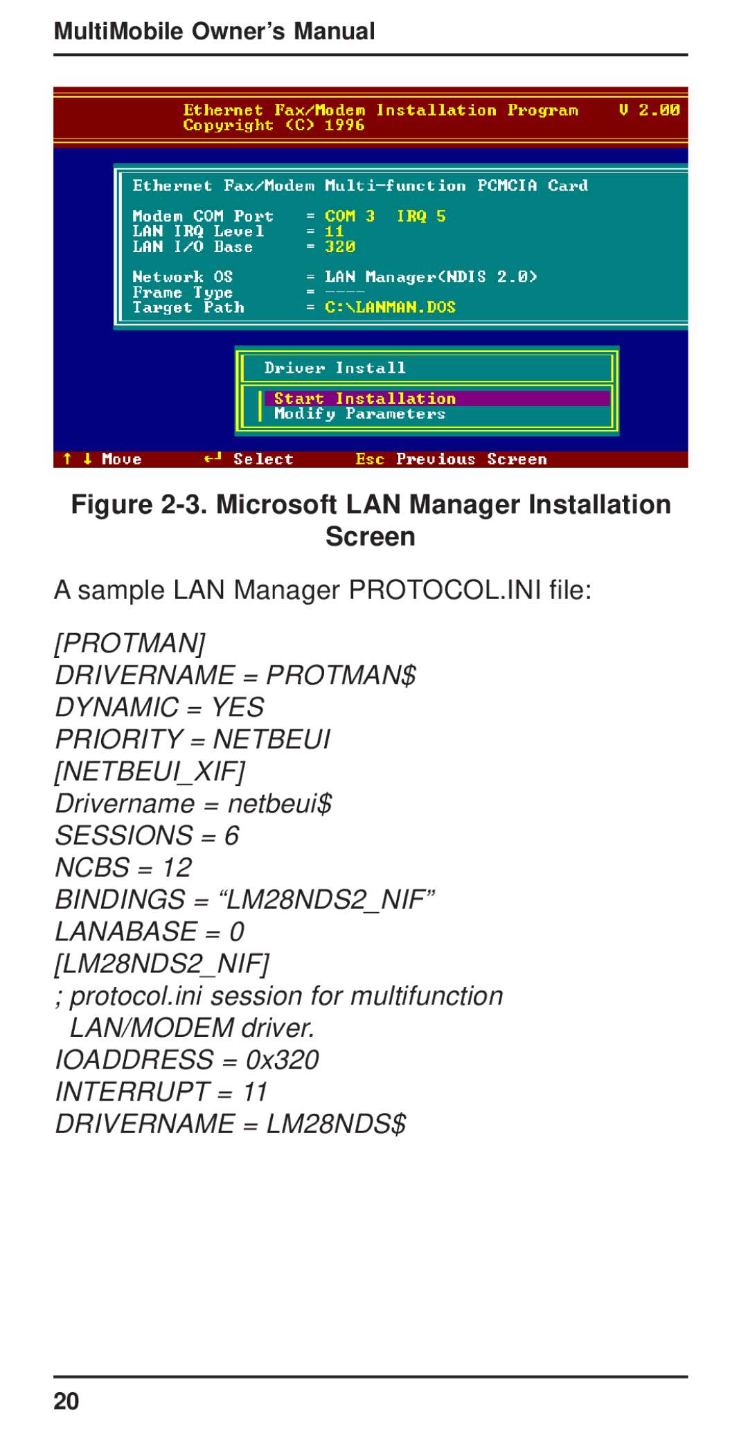 Multi-Tech Systems MT3410ZLX-T/2 owner manual Microsoft LAN Manager Installation Screen 