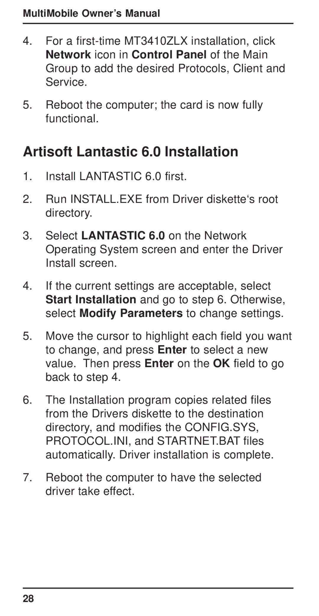 Multi-Tech Systems MT3410ZLX-T/2 owner manual Artisoft Lantastic 6.0 Installation 