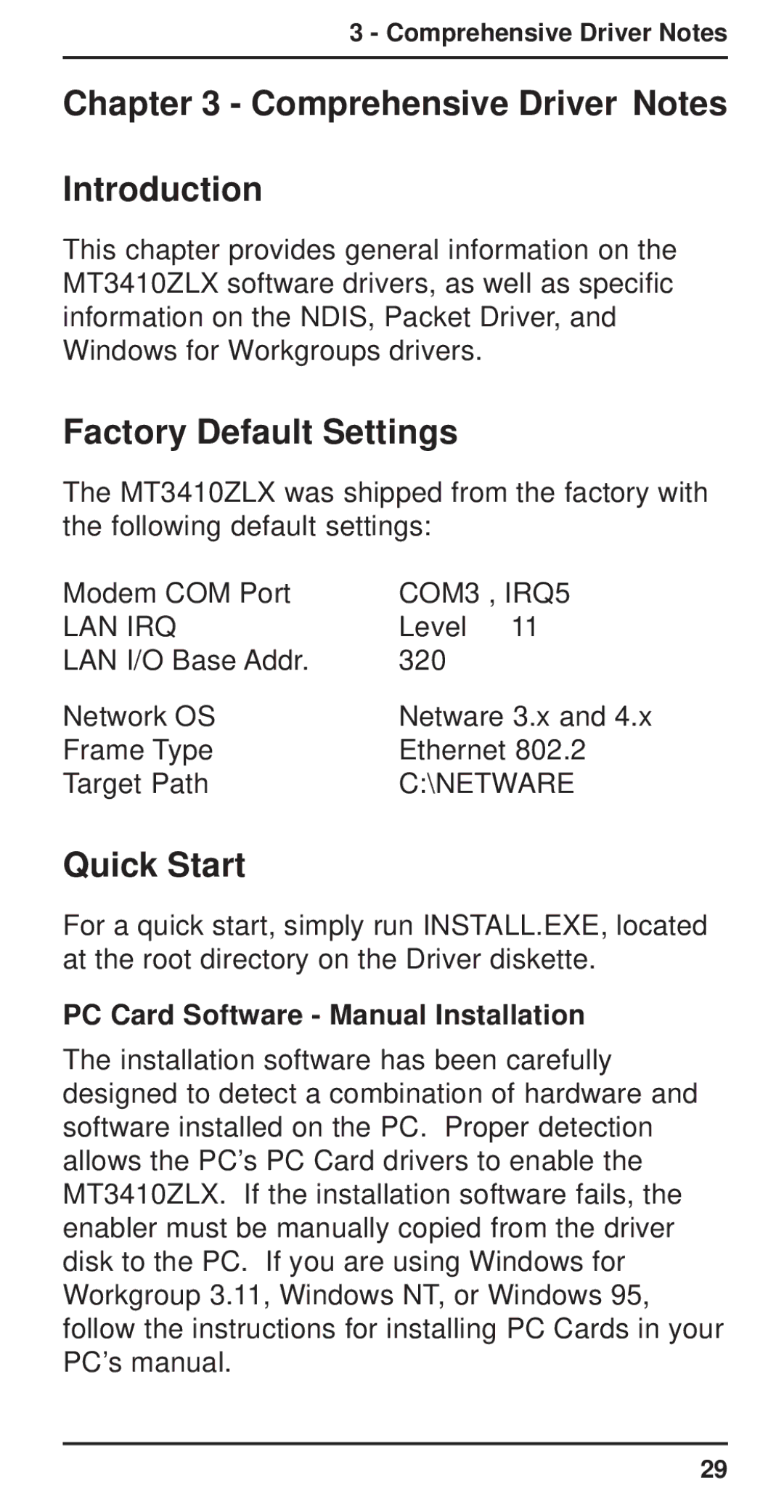 Multi-Tech Systems MT3410ZLX-T/2 Comprehensive Driver Notes Introduction, Factory Default Settings, Quick Start 