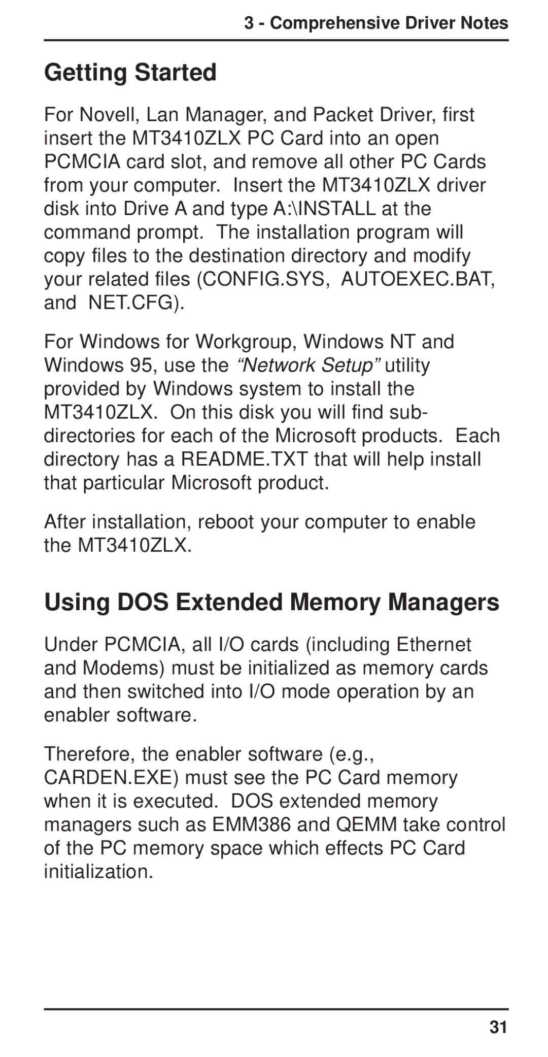 Multi-Tech Systems MT3410ZLX-T/2 owner manual Getting Started, Using DOS Extended Memory Managers 