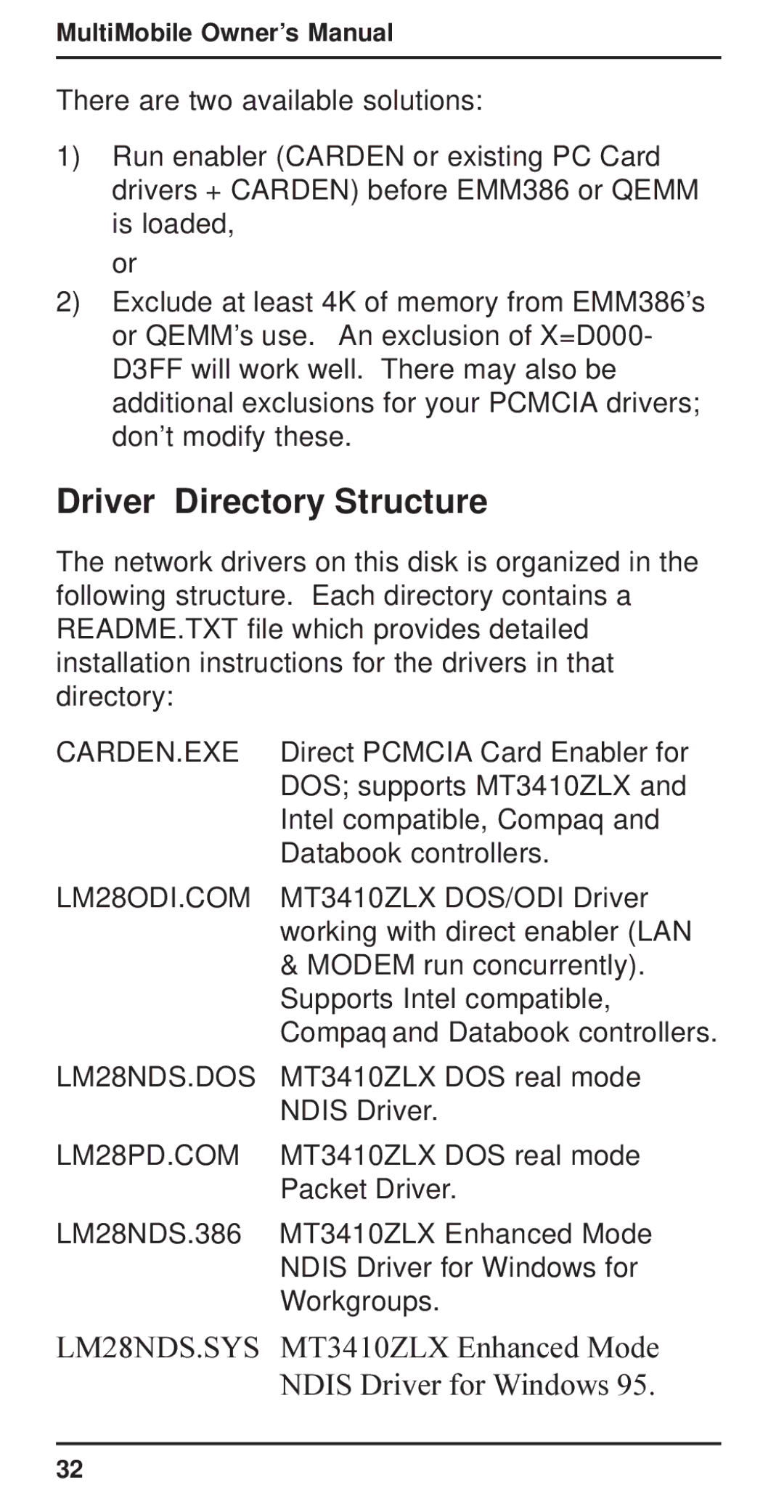 Multi-Tech Systems MT3410ZLX-T/2 owner manual Driver Directory Structure, Carden.Exe 