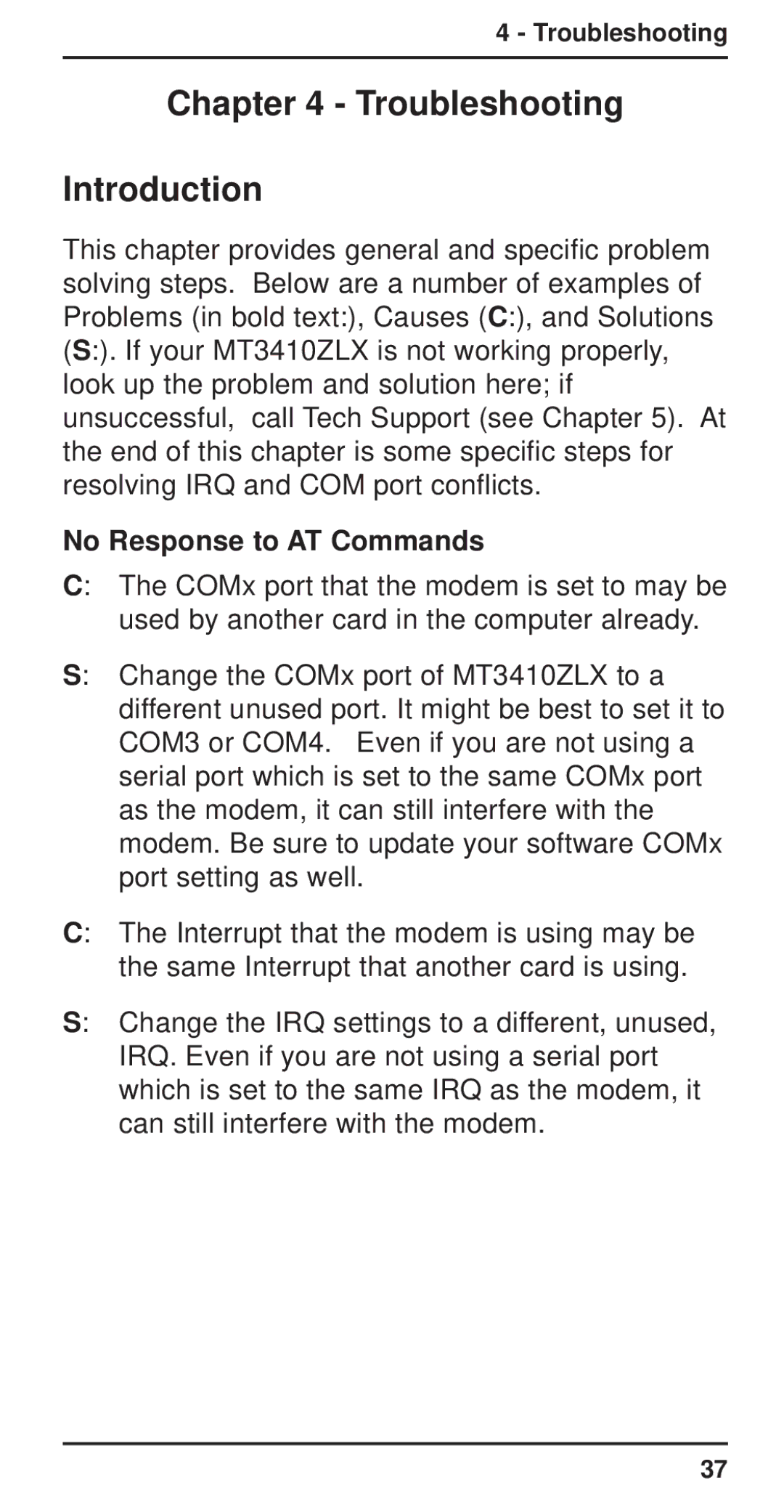 Multi-Tech Systems MT3410ZLX-T/2 owner manual Troubleshooting Introduction, No Response to AT Commands 