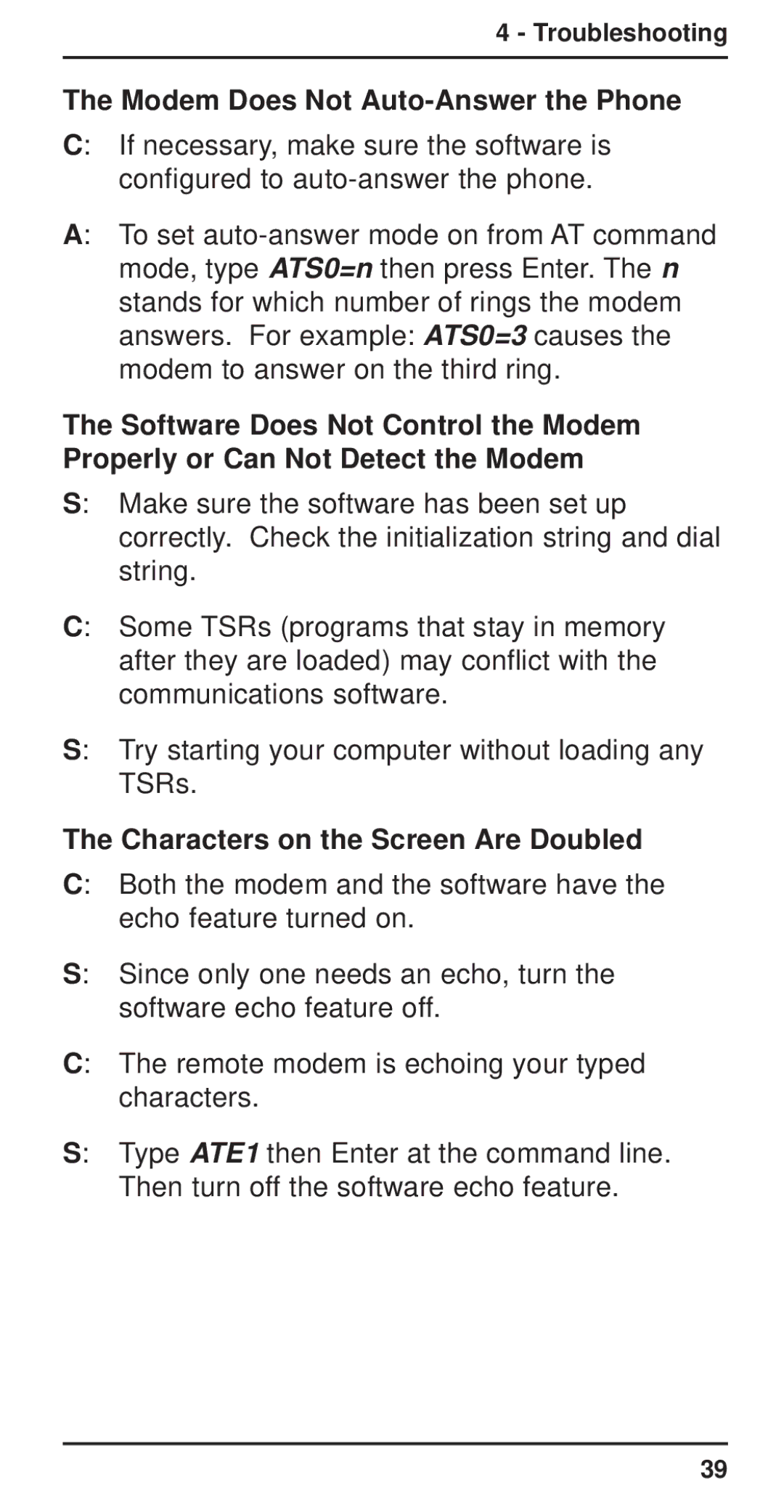 Multi-Tech Systems MT3410ZLX-T/2 owner manual Modem Does Not Auto-Answer the Phone, Characters on the Screen Are Doubled 