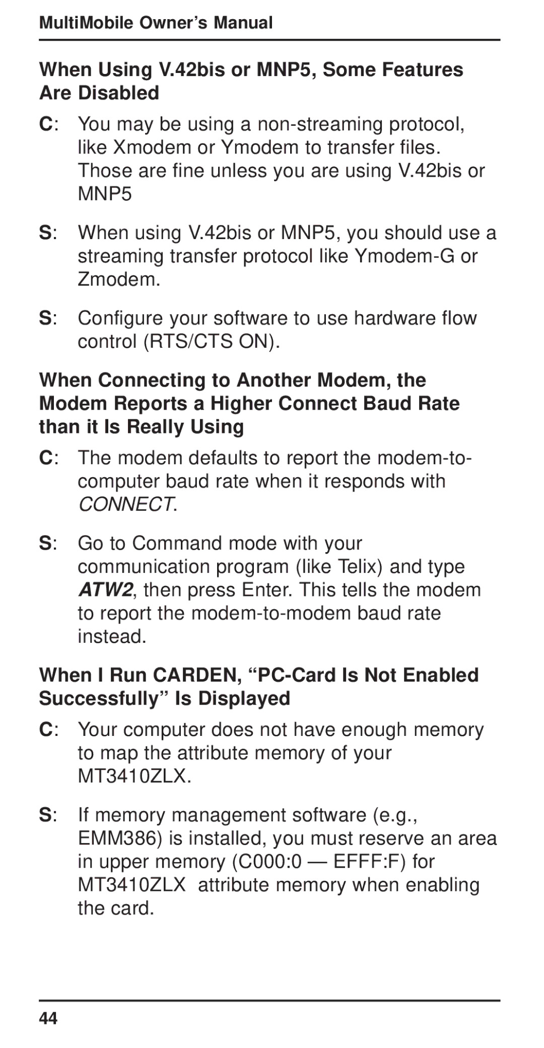 Multi-Tech Systems MT3410ZLX-T/2 owner manual When Using V.42bis or MNP5, Some Features Are Disabled, Connect 