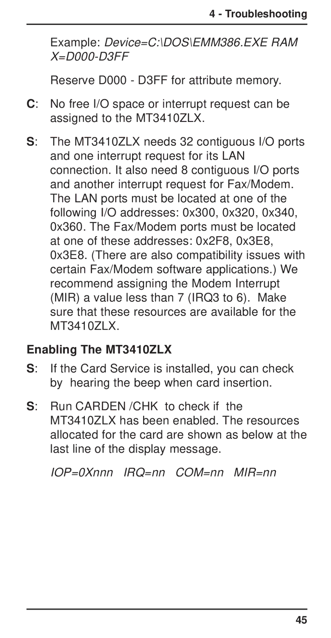 Multi-Tech Systems MT3410ZLX-T/2 owner manual Example Device=C\DOS\EMM386.EXE RAM X=D000-D3FF, Enabling The MT3410ZLX 