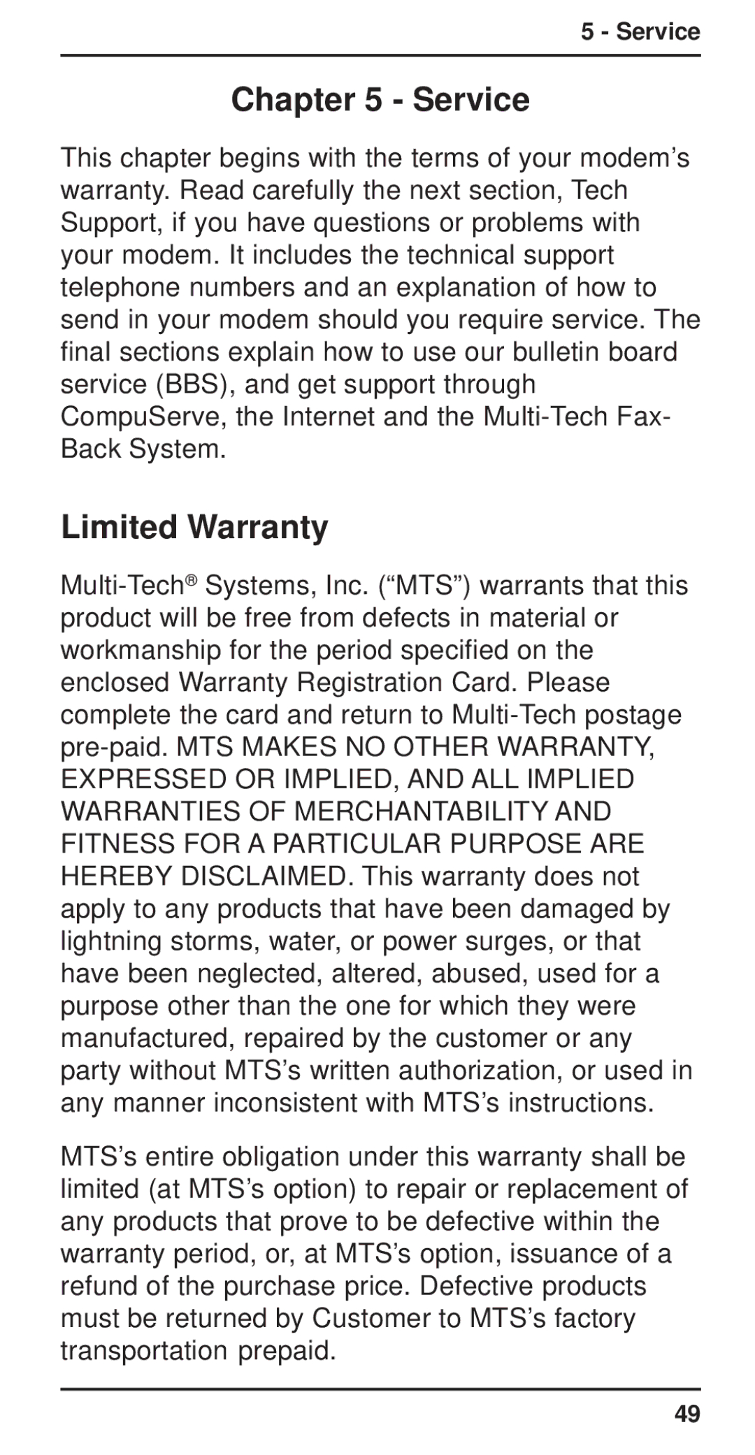 Multi-Tech Systems MT3410ZLX-T/2 owner manual Service, Limited Warranty 