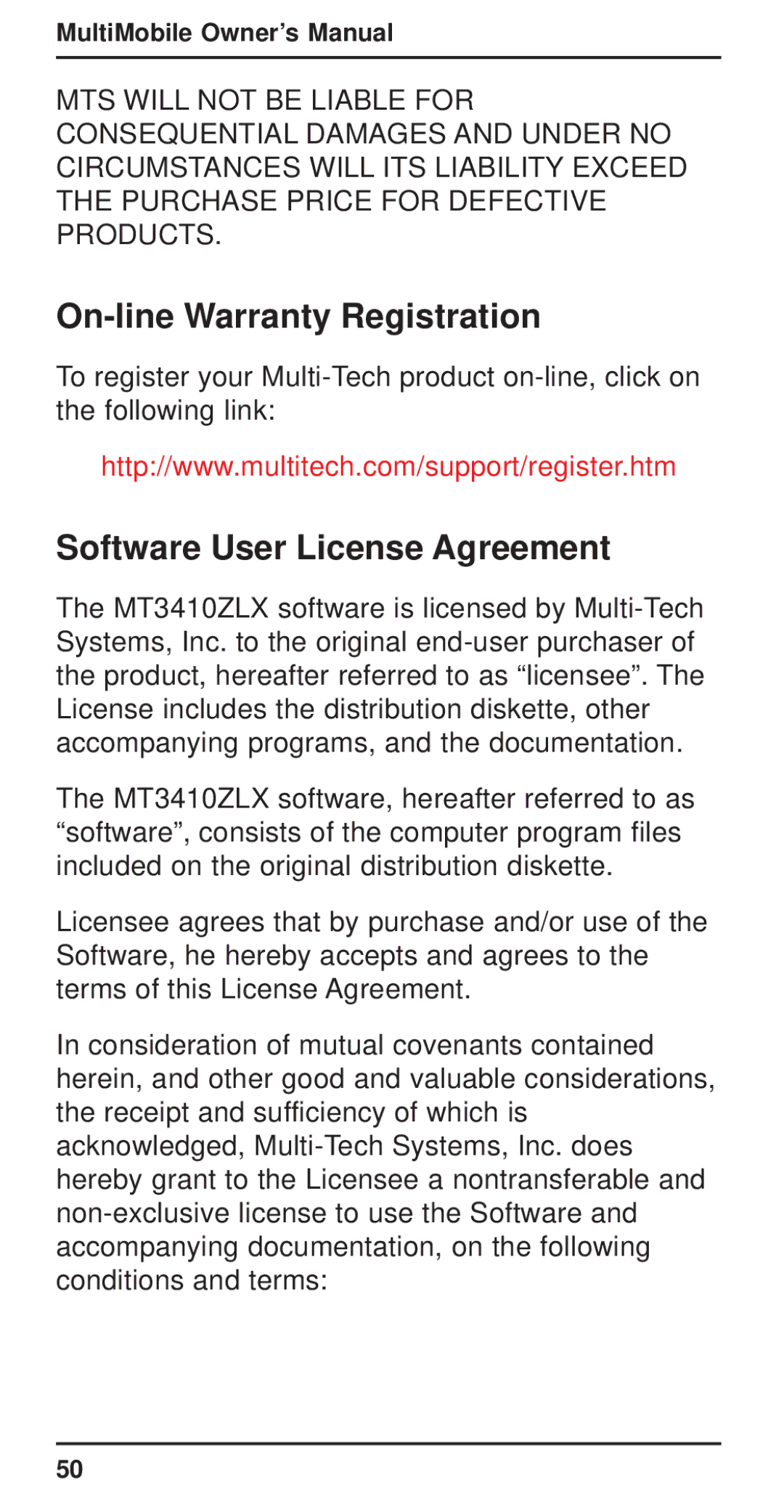 Multi-Tech Systems MT3410ZLX-T/2 owner manual On-line Warranty Registration, Software User License Agreement 