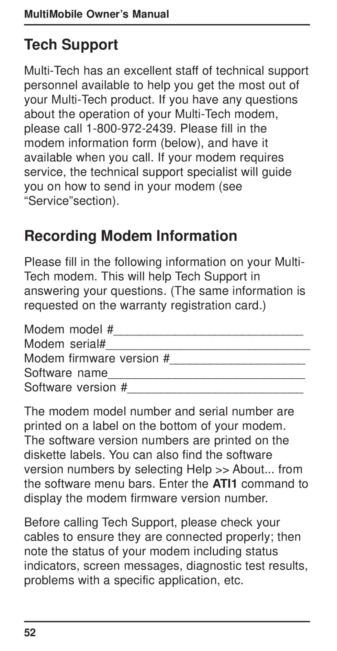 Multi-Tech Systems MT3410ZLX-T/2 owner manual Tech Support, Recording Modem Information 