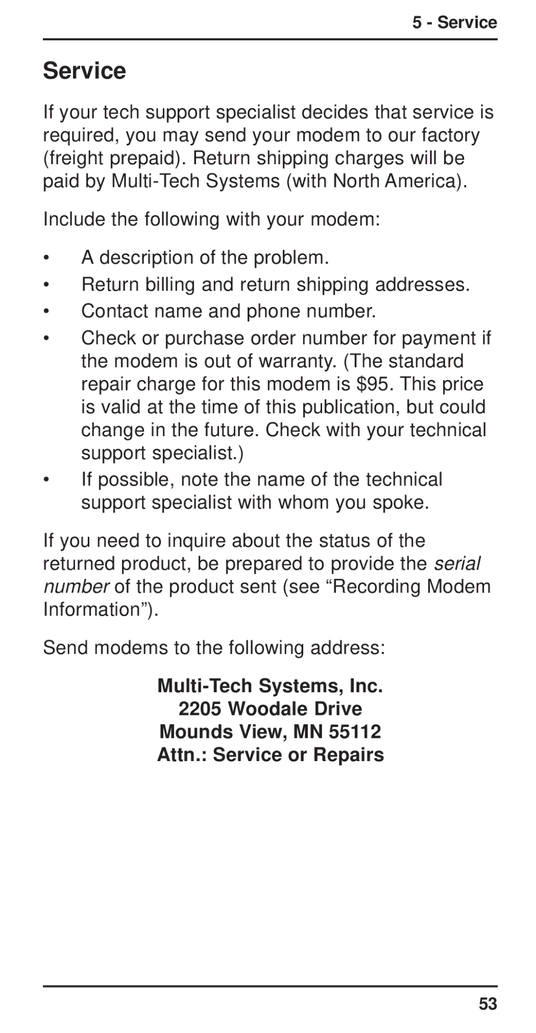 Multi-Tech Systems MT3410ZLX-T/2 owner manual Service 