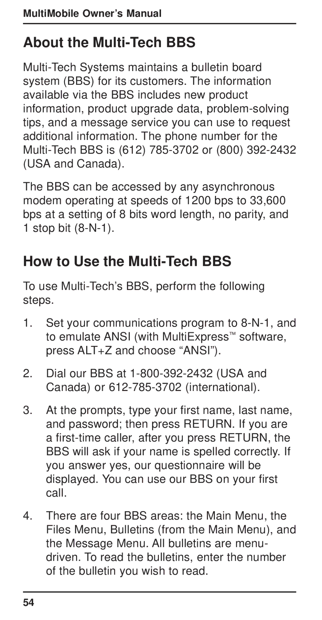 Multi-Tech Systems MT3410ZLX-T/2 owner manual About the Multi-Tech BBS, How to Use the Multi-Tech BBS 