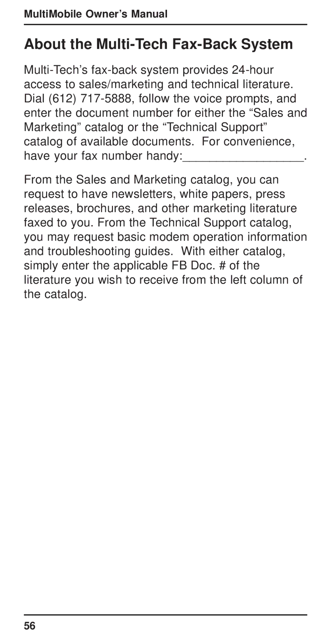 Multi-Tech Systems MT3410ZLX-T/2 owner manual About the Multi-Tech Fax-Back System 