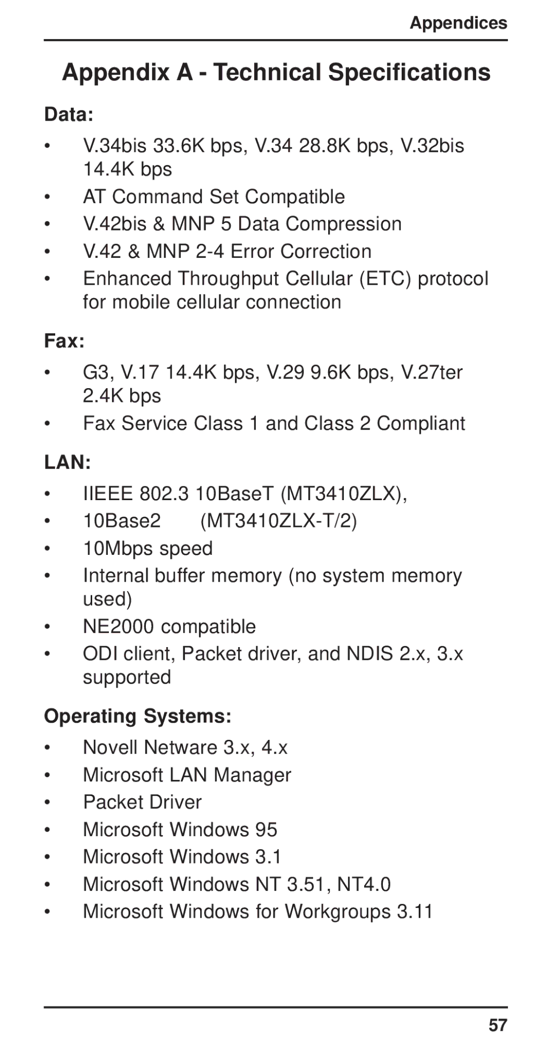 Multi-Tech Systems MT3410ZLX-T/2 owner manual Data, Operating Systems 