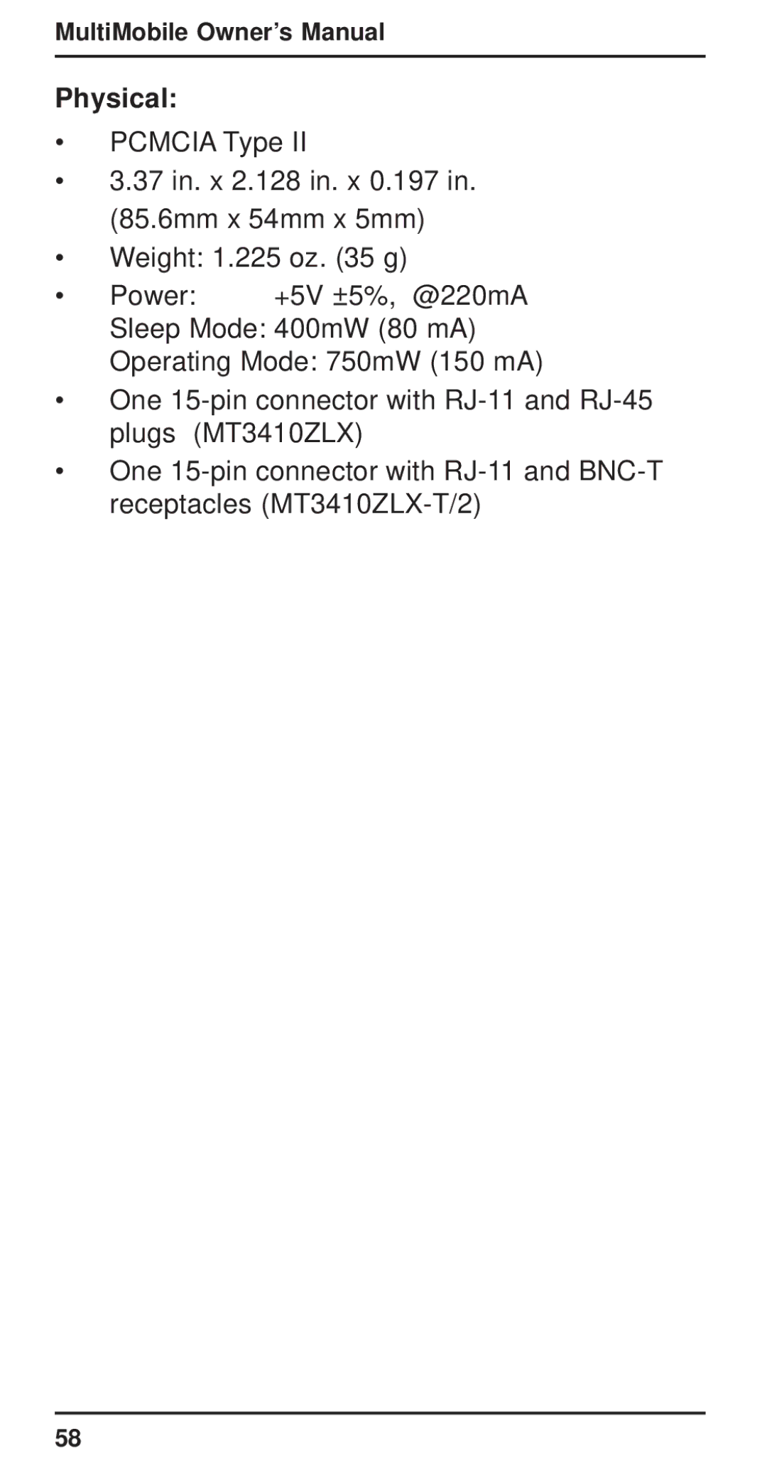 Multi-Tech Systems MT3410ZLX-T/2 owner manual Physical 