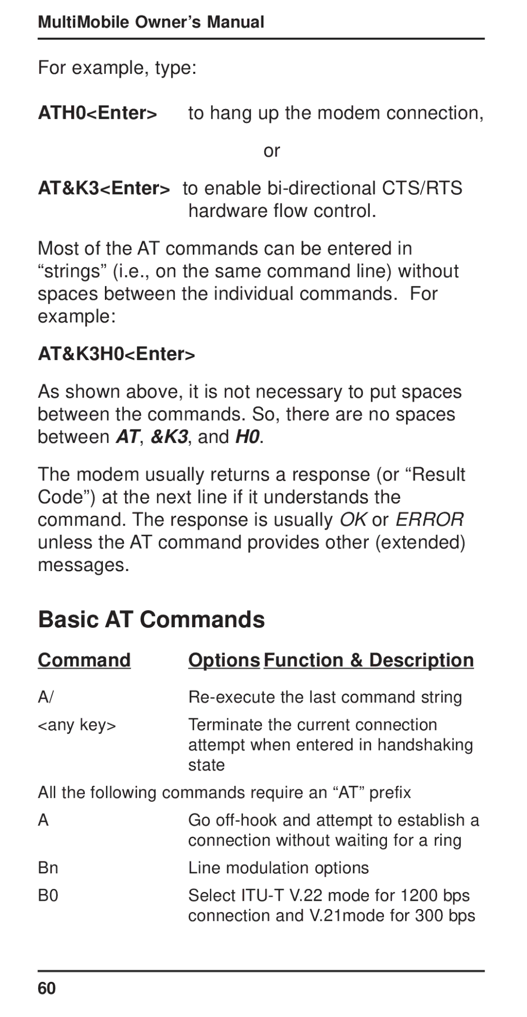 Multi-Tech Systems MT3410ZLX-T/2 owner manual Basic AT Commands, AT&K3H0Enter, Command Options Function & Description 