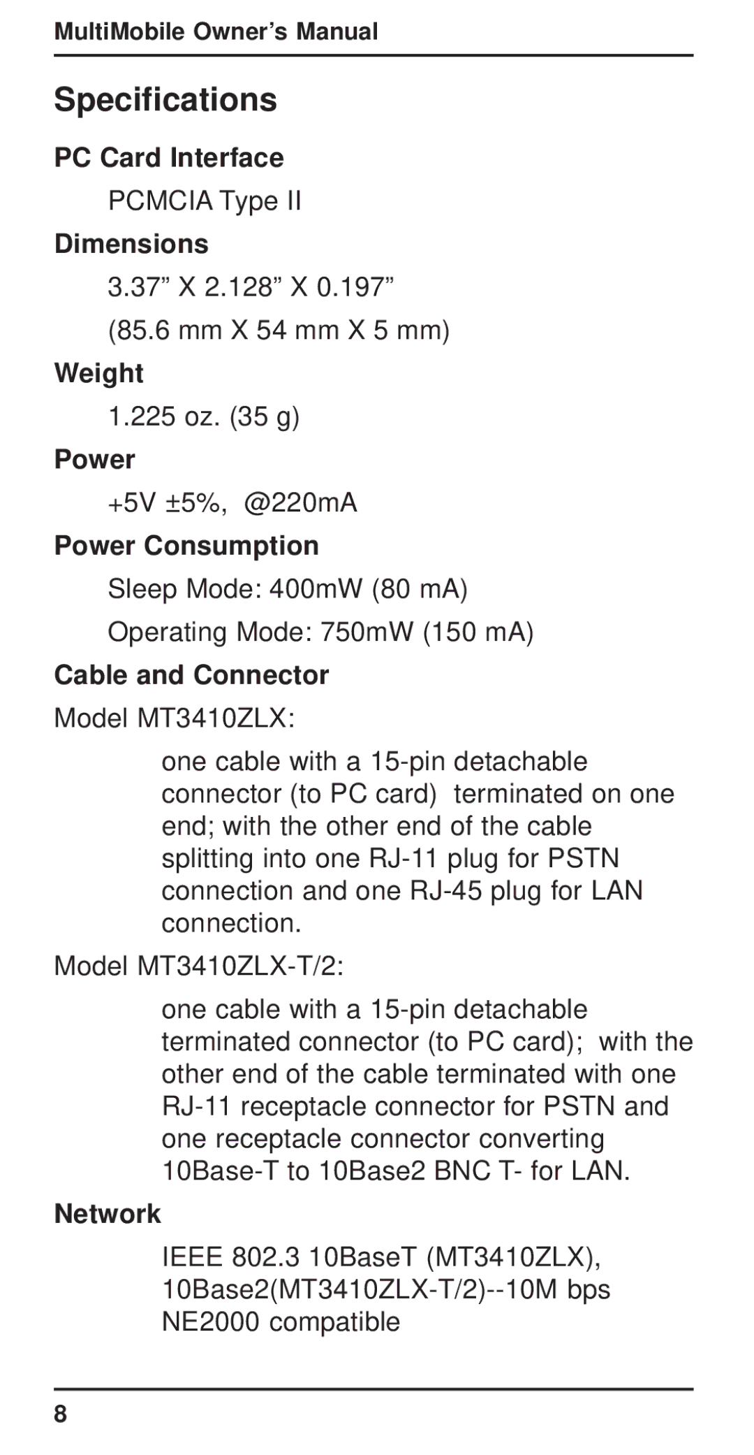 Multi-Tech Systems MT3410ZLX-T/2 owner manual Specifications 