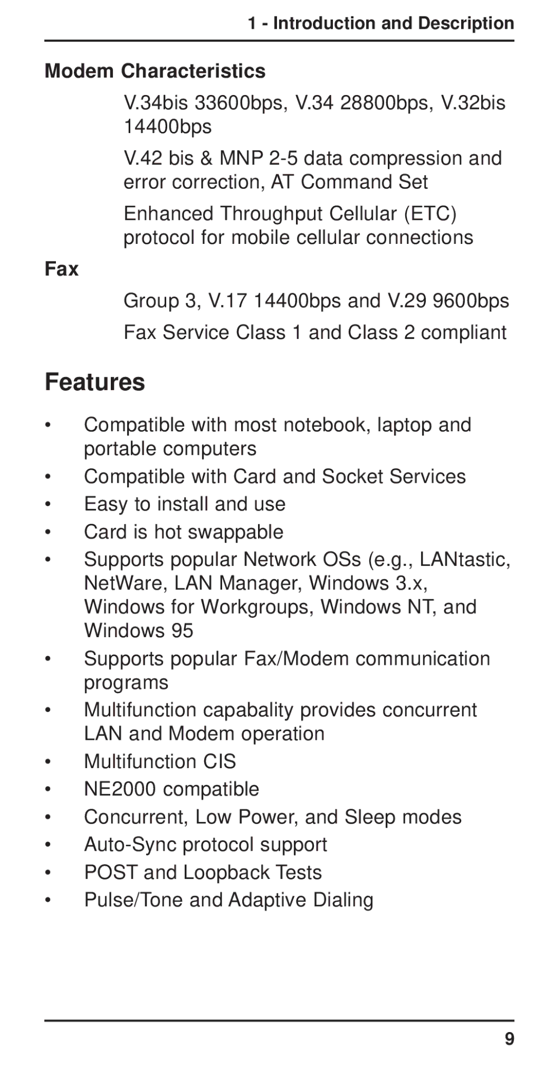 Multi-Tech Systems MT3410ZLX-T/2 owner manual Features, Modem Characteristics, Fax 