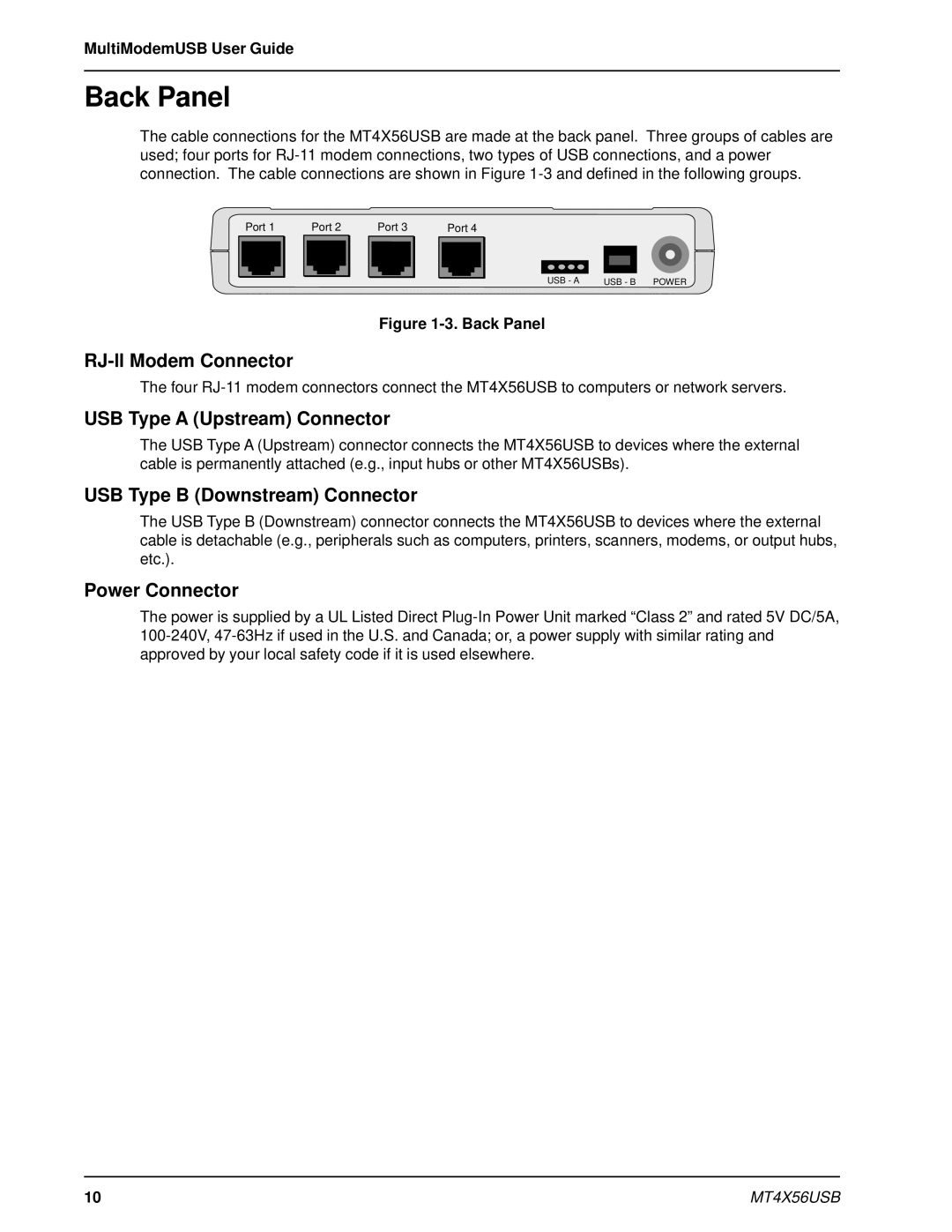 Multi-Tech Systems MT4X56USB manual Back Panel, RJ-ll Modem Connector, USB Type a Upstream Connector, Power Connector 