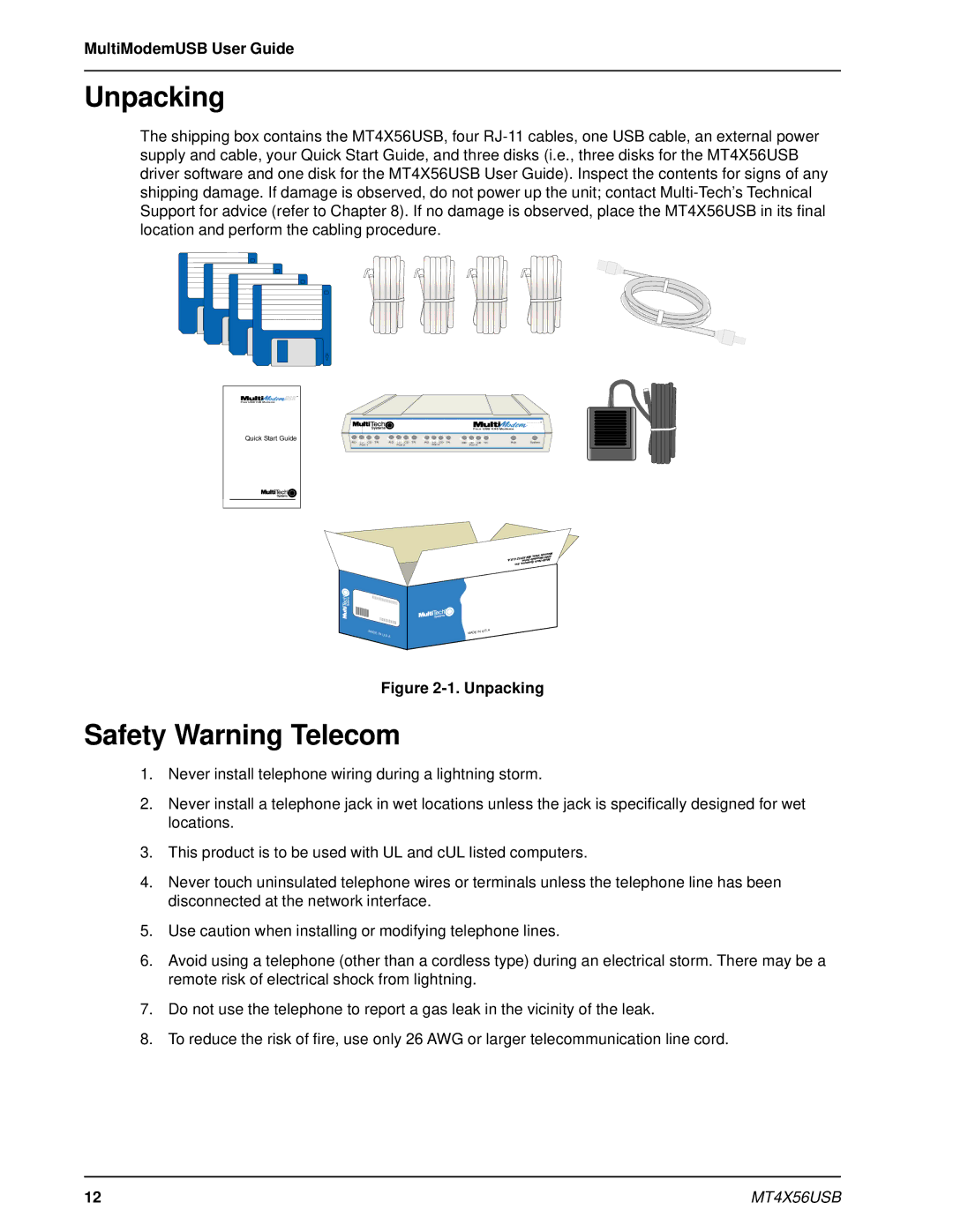 Multi-Tech Systems MT4X56USB manual Unpacking, Safety Warning Telecom 