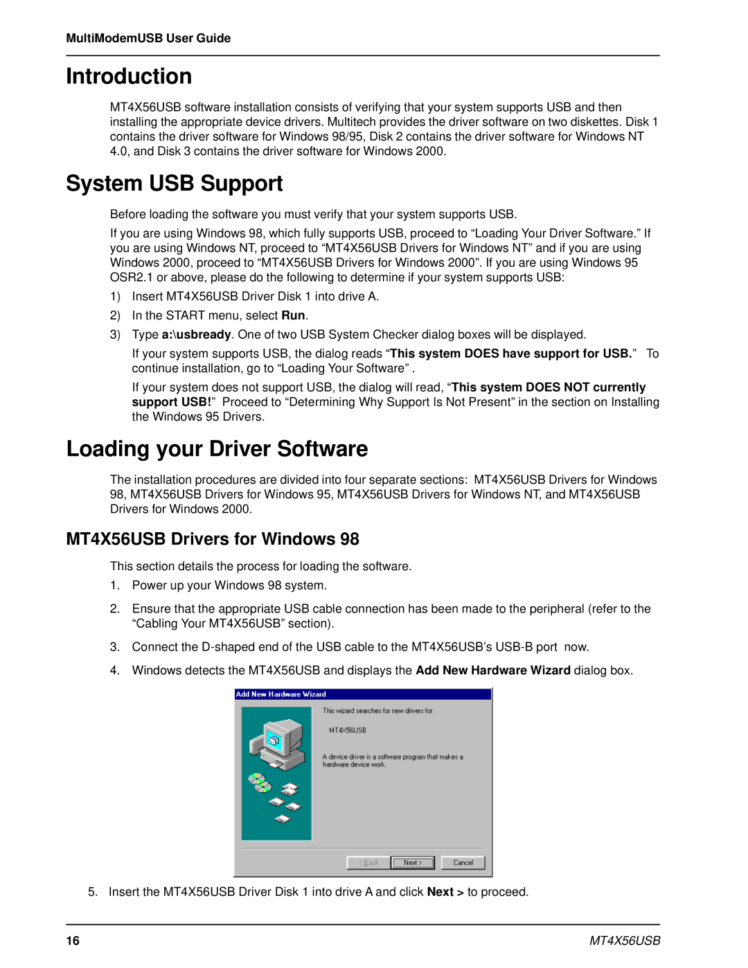 Multi-Tech Systems manual System USB Support, Loading your Driver Software, MT4X56USB Drivers for Windows 