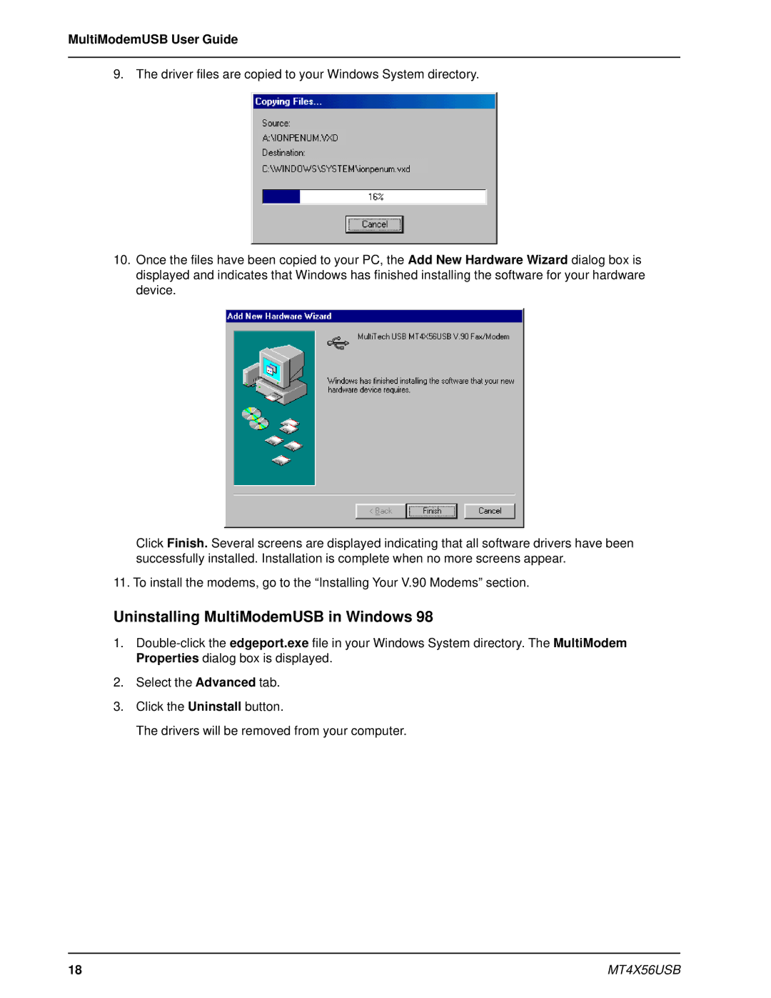 Multi-Tech Systems MT4X56USB manual Uninstalling MultiModemUSB in Windows 